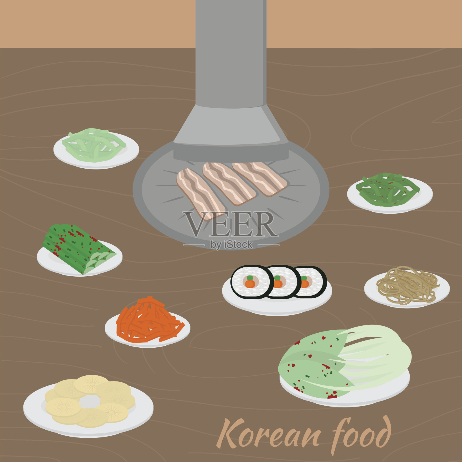 集韩国料理平面设计元素。亚洲街头美食菜单。传统菜肴泡菜、饺子、面条和石锅拌饭插画图片素材