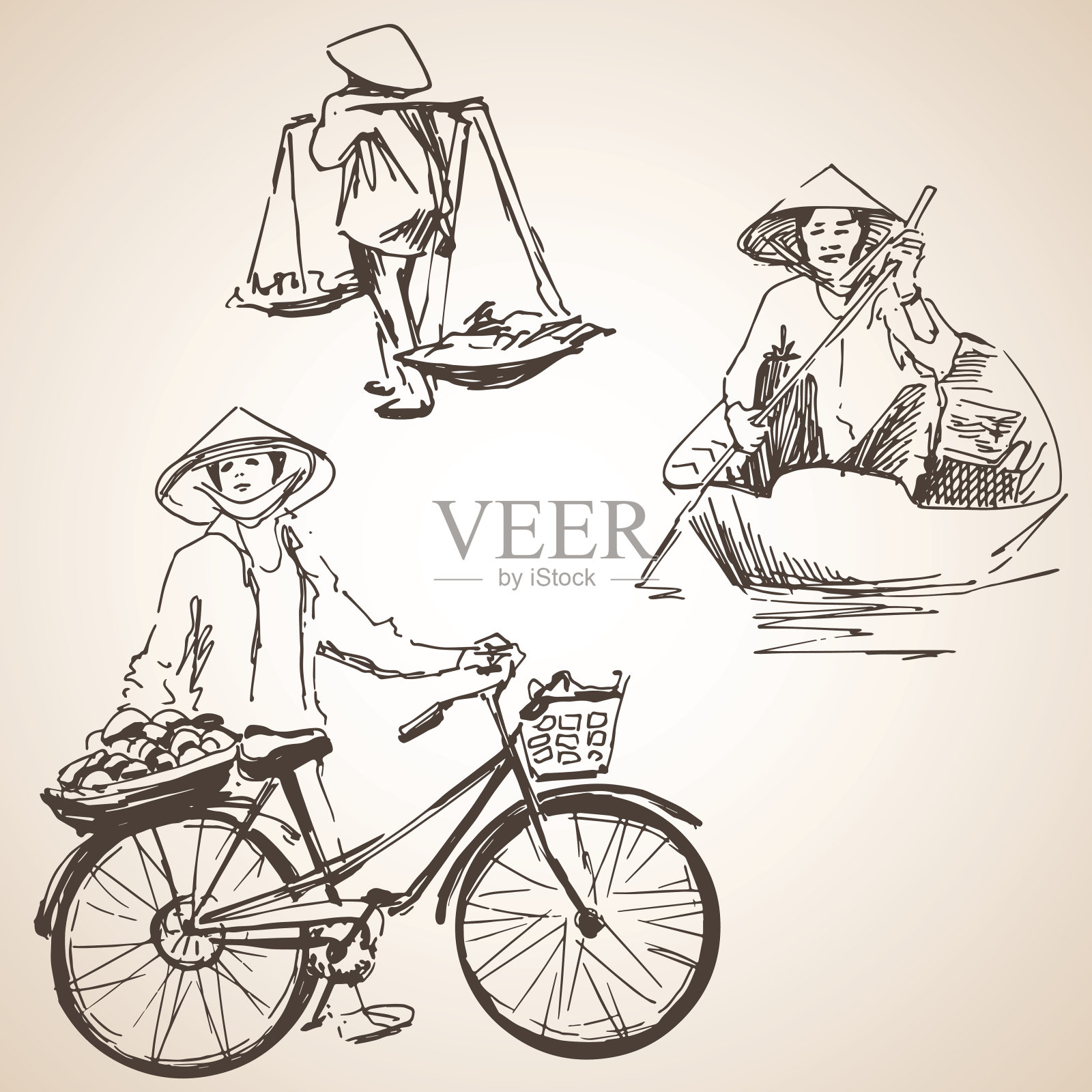越南人的剪影，水果，自行车和船。插画图片素材