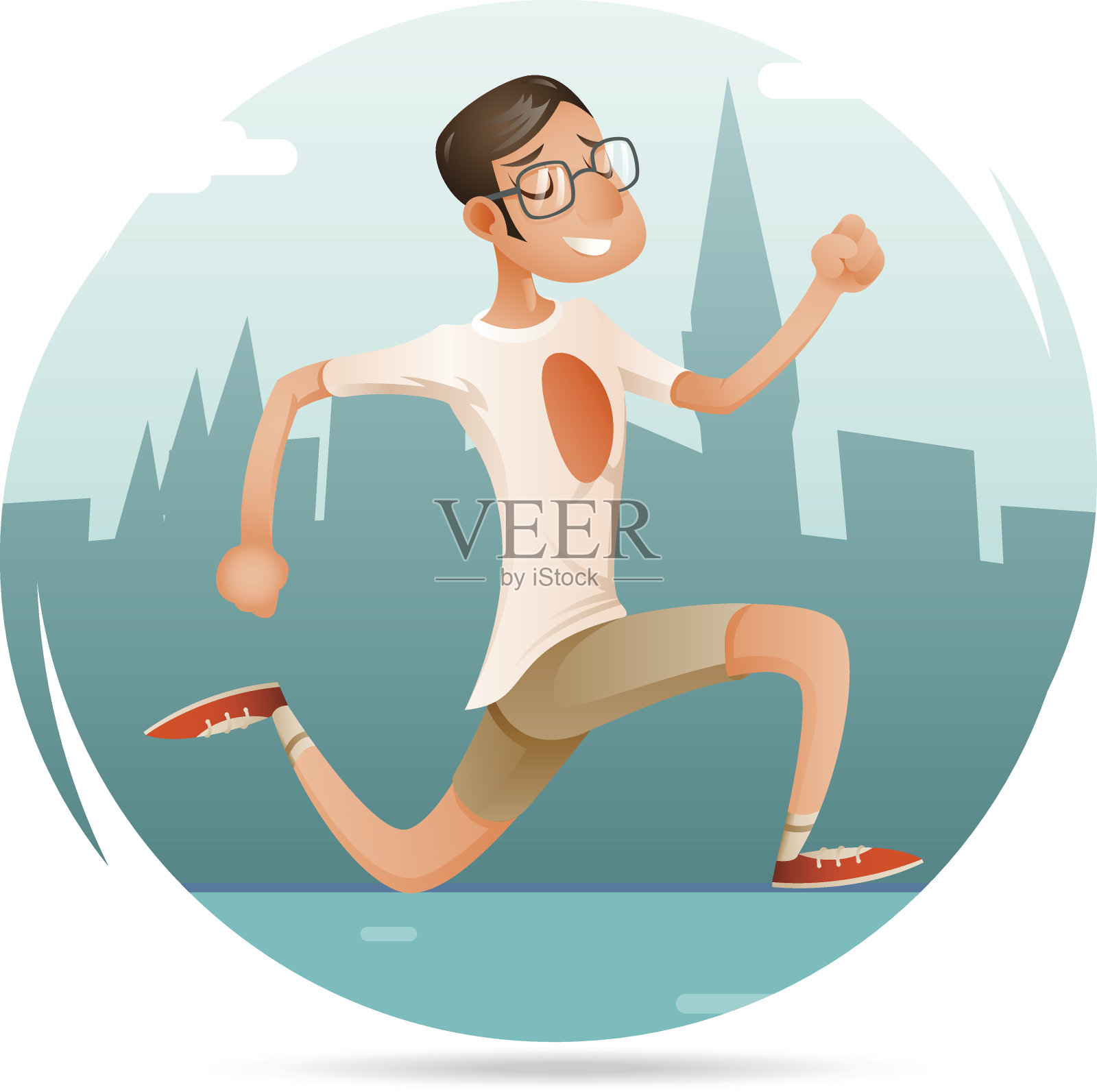 跑步极客潮人快乐的运动人性格图标复古卡通设计城市背景矢量插图插画图片素材