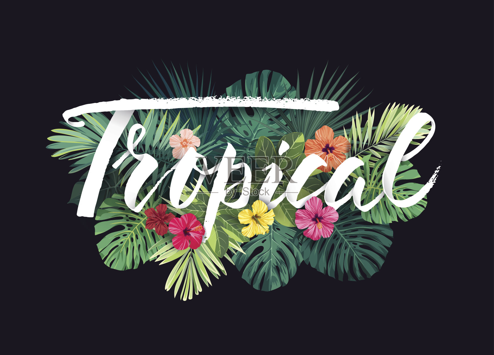 夏季夏威夷矢量设计与异国情调的棕榈叶，木槿花和字母卡片或传单插画图片素材