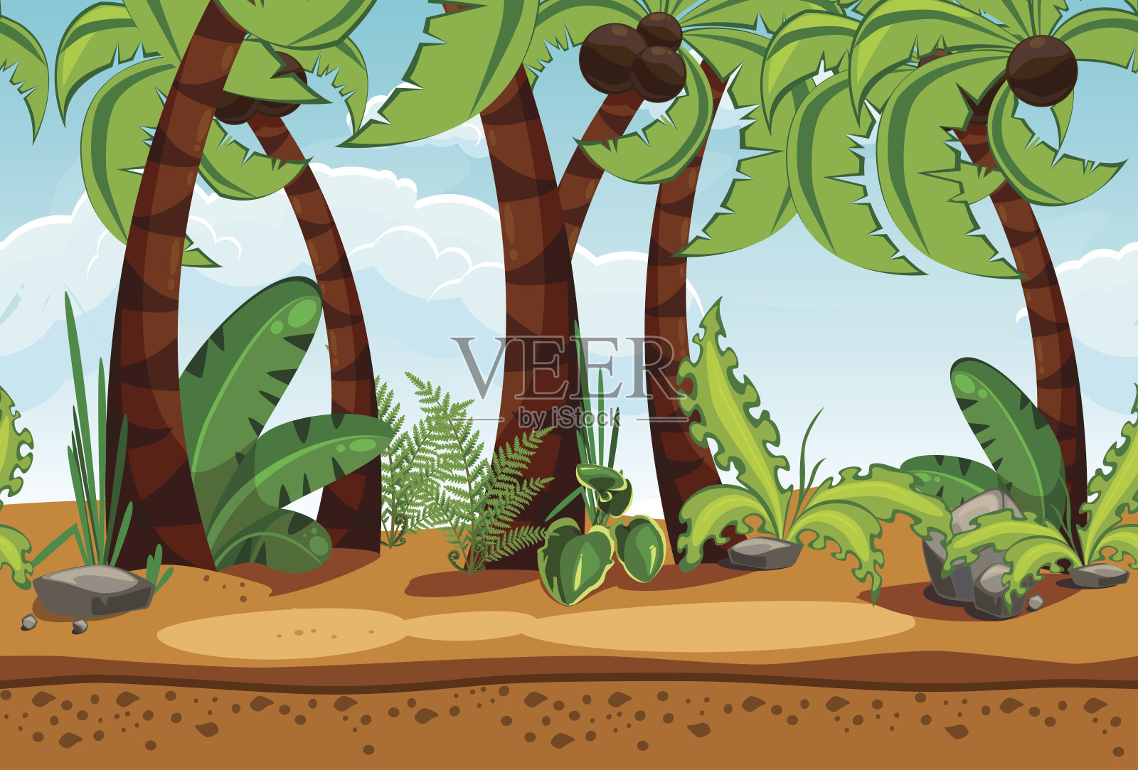 无缝海滩景观与棕榈树插画图片素材