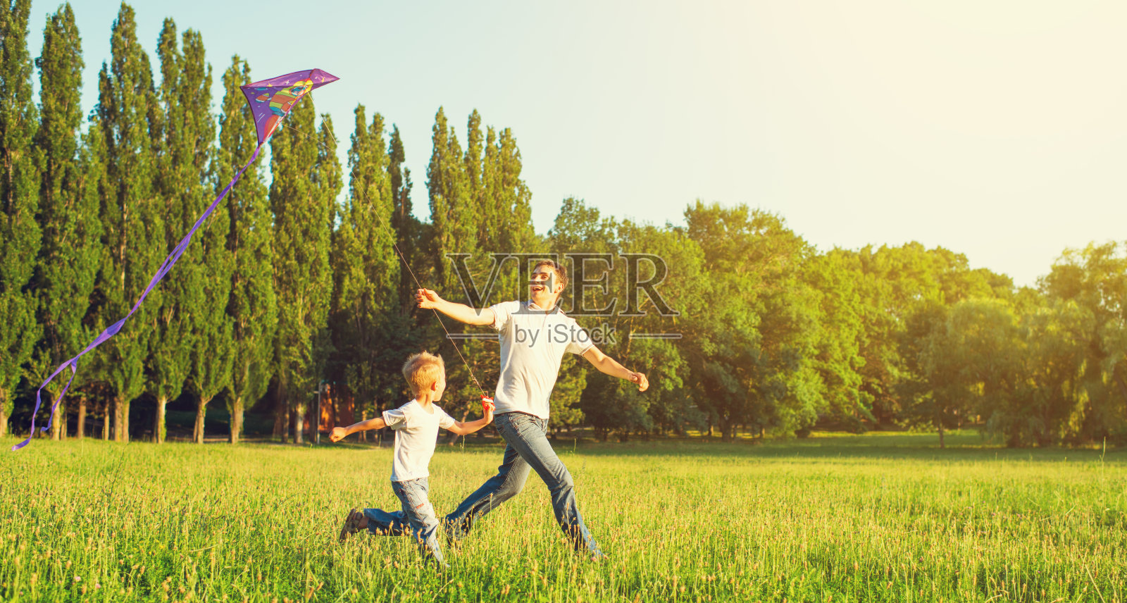 爸爸和儿子在夏天的大自然里放风筝照片摄影图片