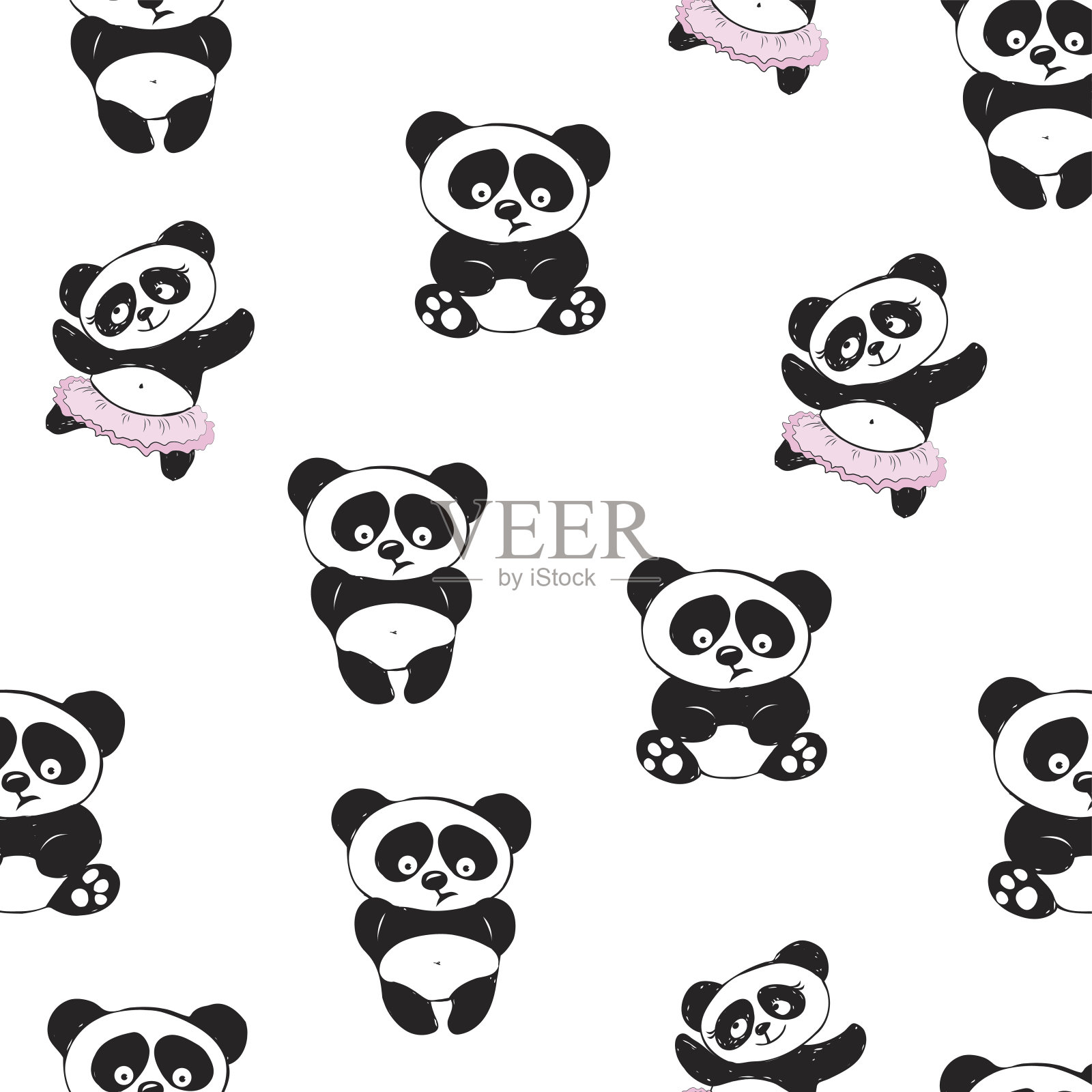 可爱的熊猫在各种姿势无缝模式插画图片素材