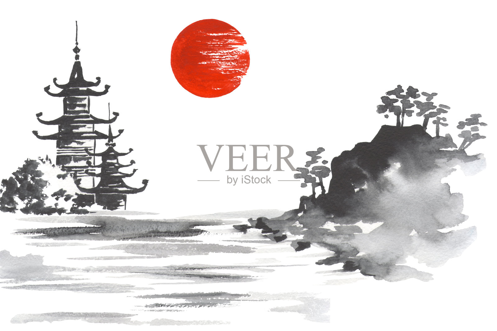 日本传统绘画Sumi-e艺术太阳湖山庙插画图片素材