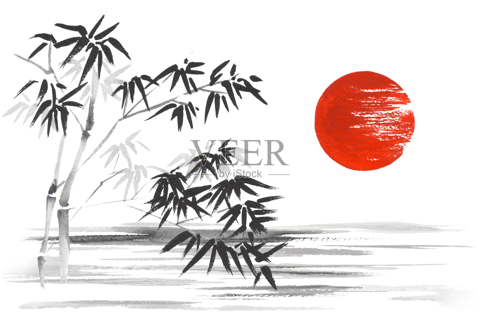 日本传统绘画Sumi-e艺术竹太阳水湖插画图片素材