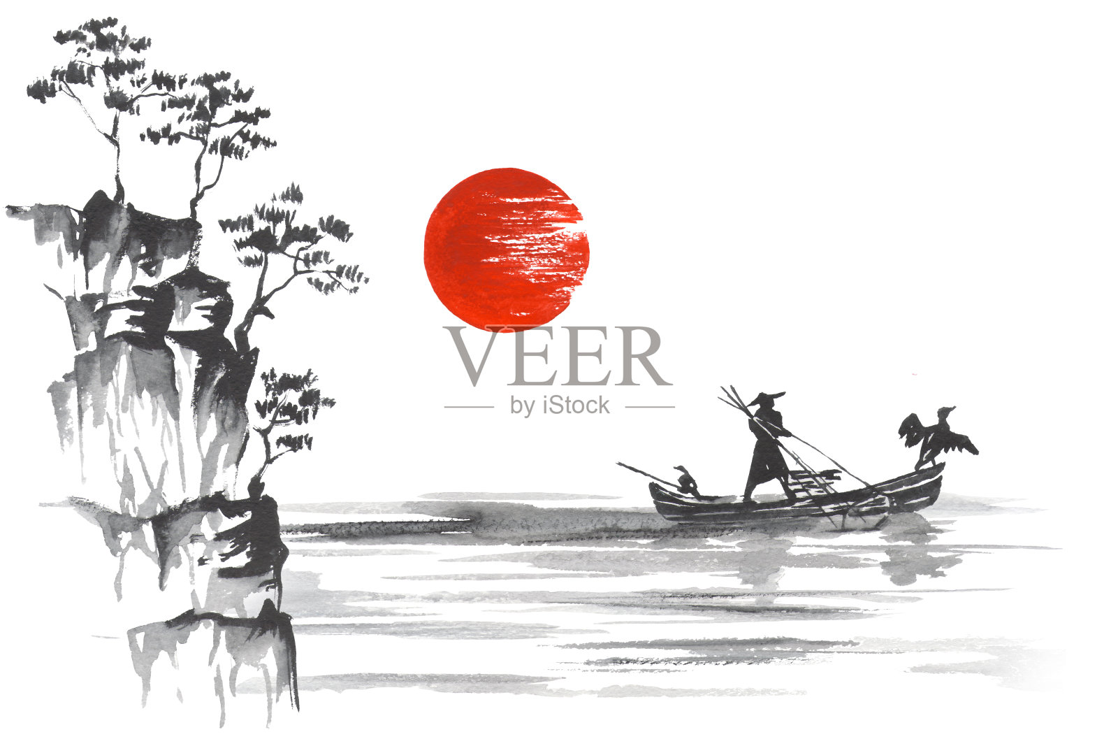 日本传统绘画Sumi-e艺术船曼山山太阳插画图片素材