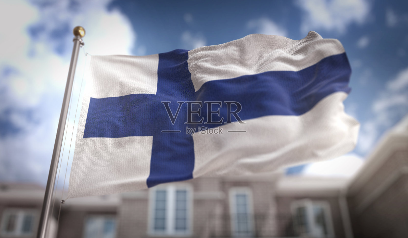 蓝天建筑背景上的芬兰国旗3D渲染照片摄影图片