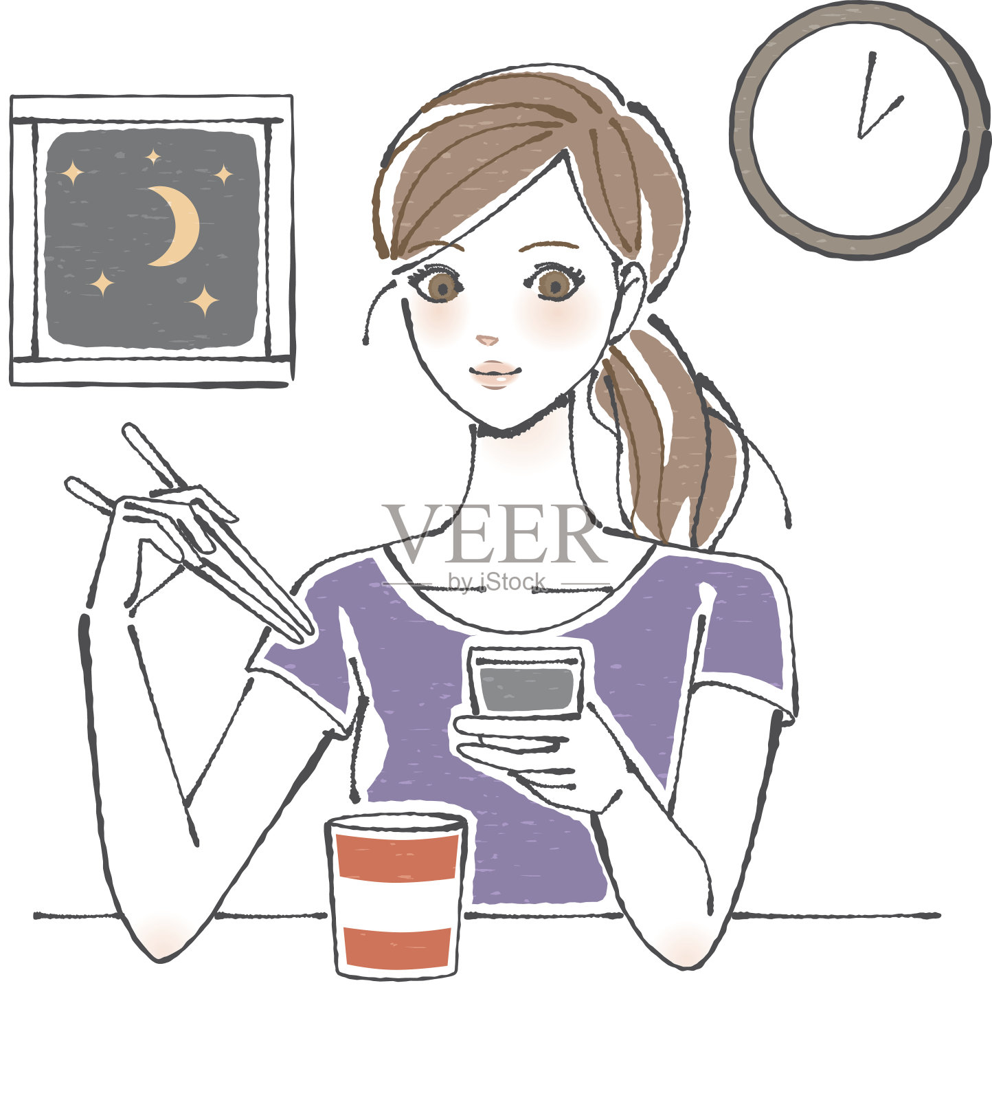 一个正在吃宵夜的女人插画图片素材