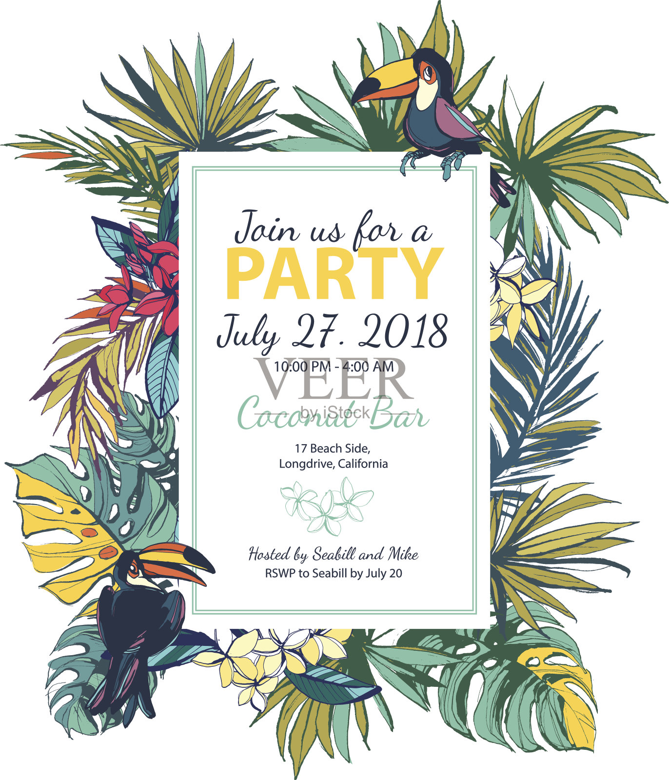 矢量插图热带花卉夏季派对海报与朋友设计模板素材