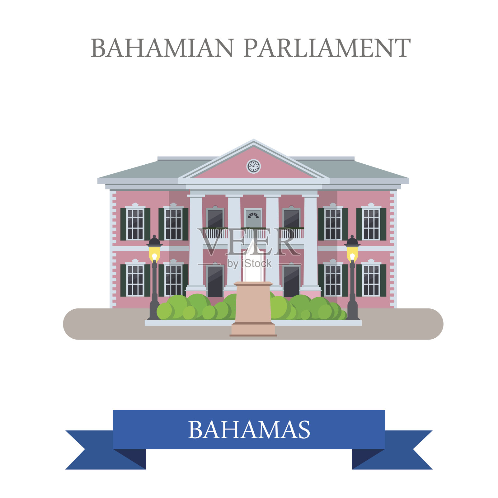 平面卡通巴哈马议会大厦网站矢量插图。巴哈马群岛国家在北美中部观光。地标和世界著名的展示地点概念。插画图片素材