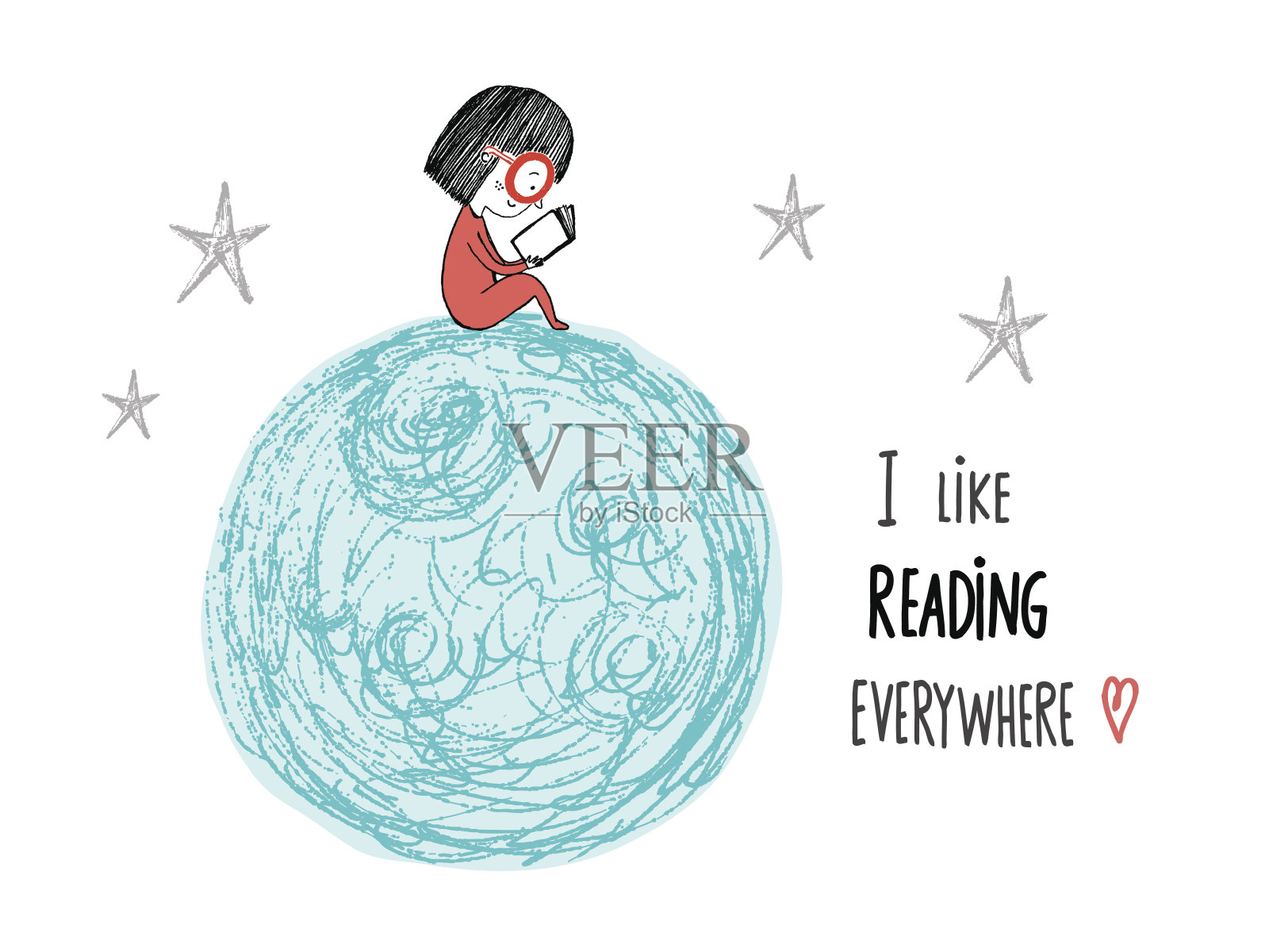 我喜欢到处阅读。小女孩在月亮上读书。手绘矢量插图。设计元素图片