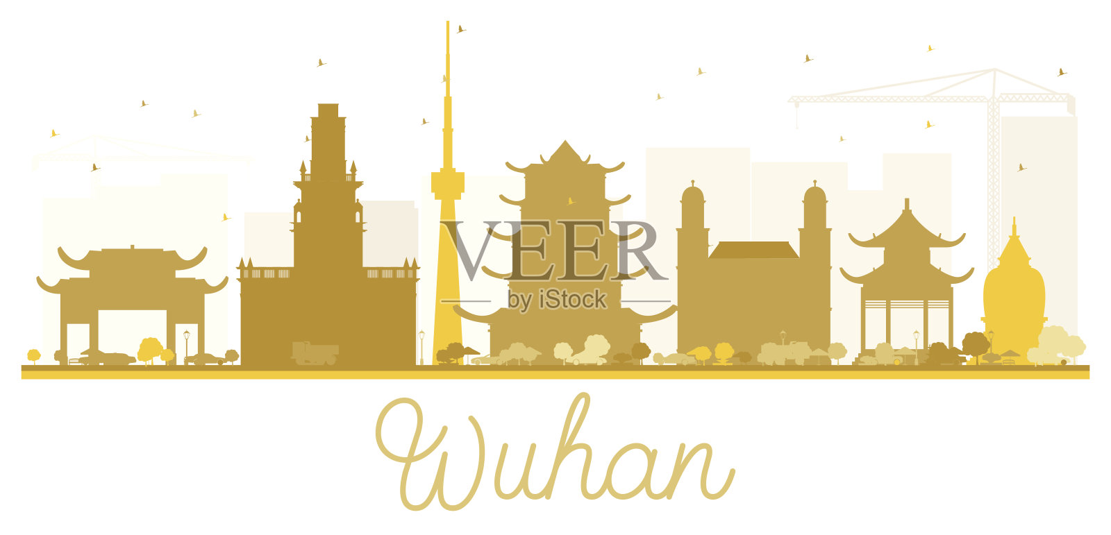 武汉城市天际线的金色剪影。插画图片素材