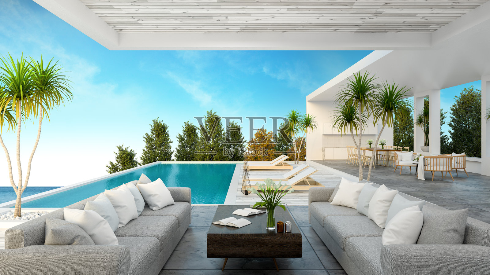 现代海滩别墅，私人游泳池，全景天空和海景，3d渲染照片摄影图片