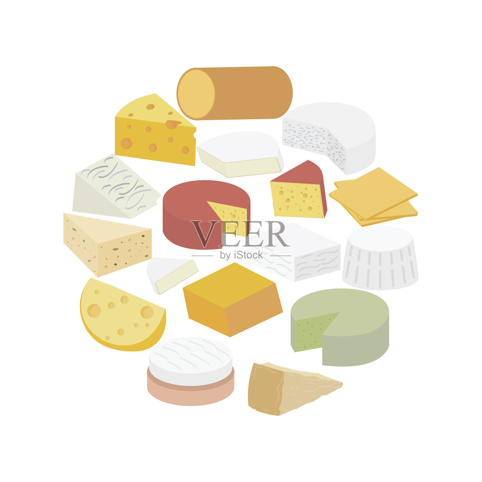 奶酪。布里干酪、蓝色干酪、羊乳干酪、卡门贝尔干酪、乳清干酪、羊乳酪、马斯丹干酪、烟熏、胡椒杰克干酪、切达干酪、美式干酪、帕尔马干酪、荷兰干酪、瑞士干酪设计元素图片