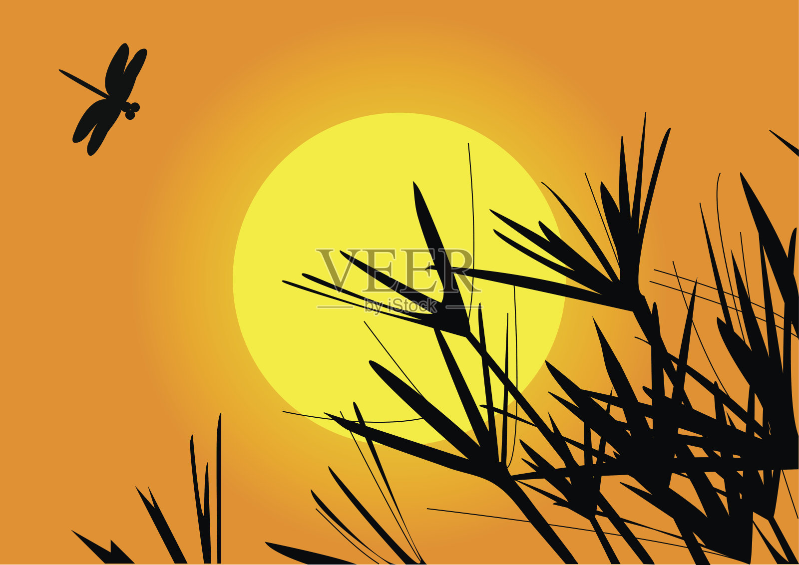 夕阳下草和蜻蜓的剪影作为背景。插画图片素材