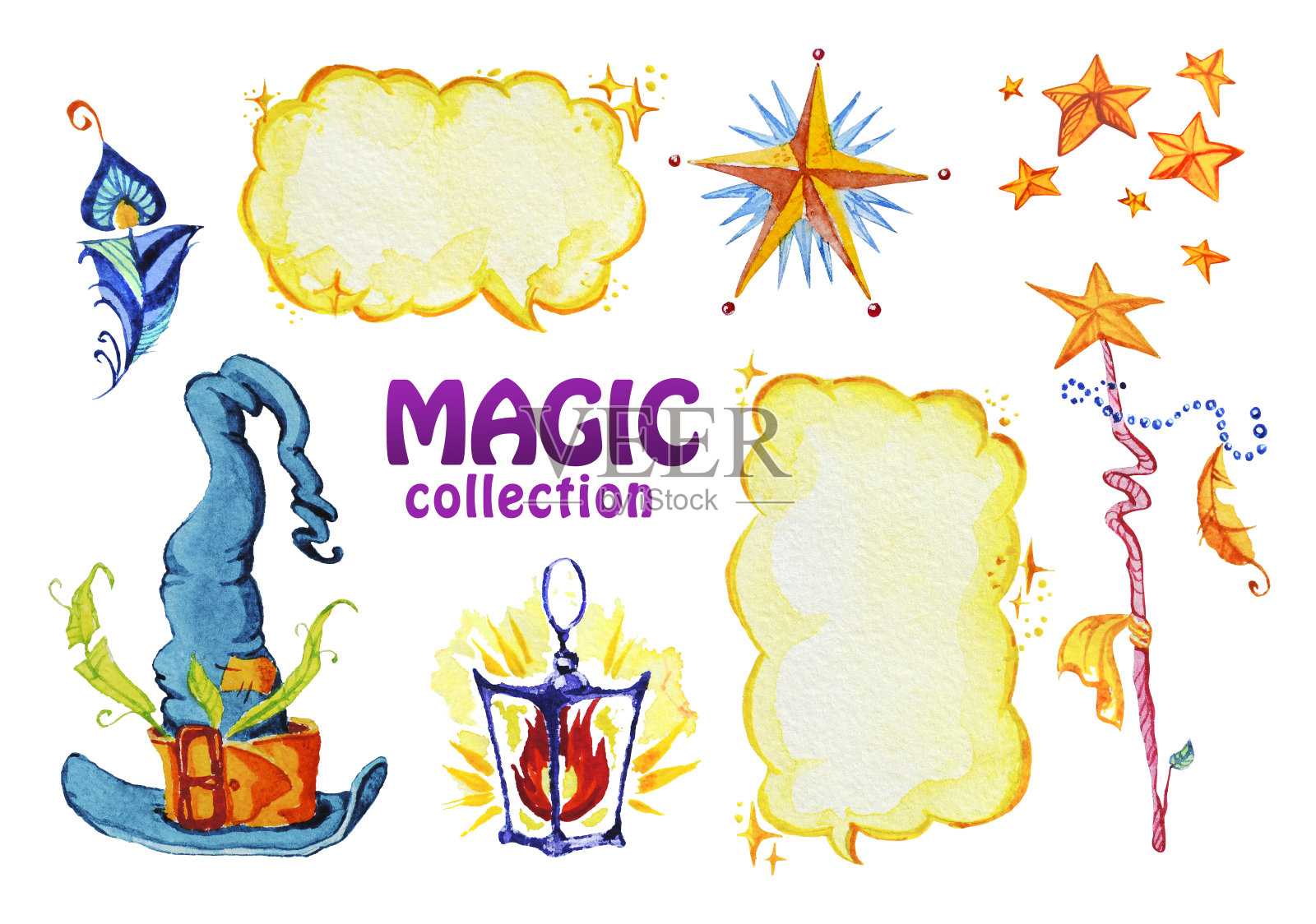 水彩艺术收集魔术手绘元素设计孤立的白色背景。魔术帽，羽毛，魔杖，灯笼和星星。适合童话儿童插图。插画图片素材