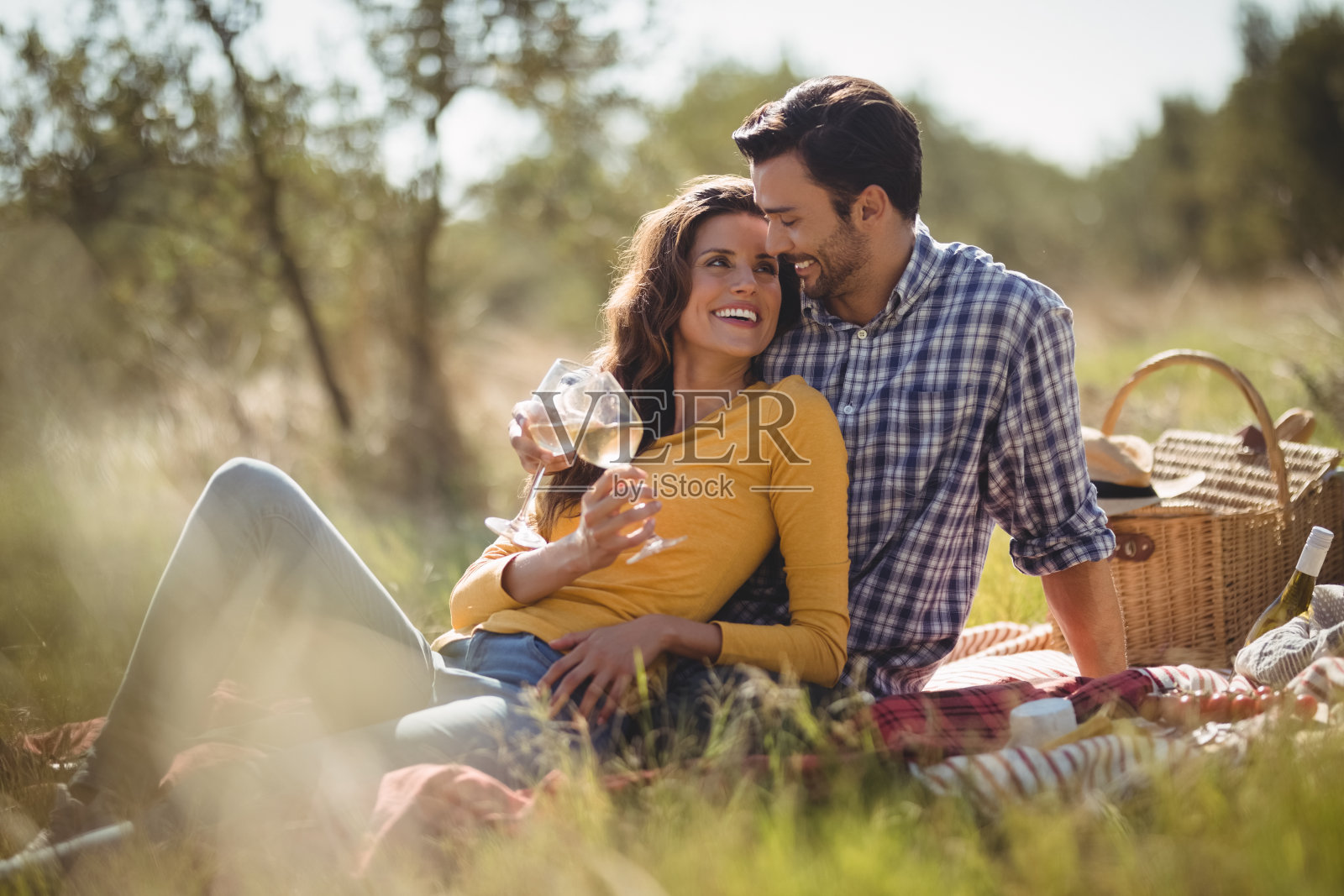 快乐的年轻夫妇拿着酒杯，而放松在野餐毯子上照片摄影图片