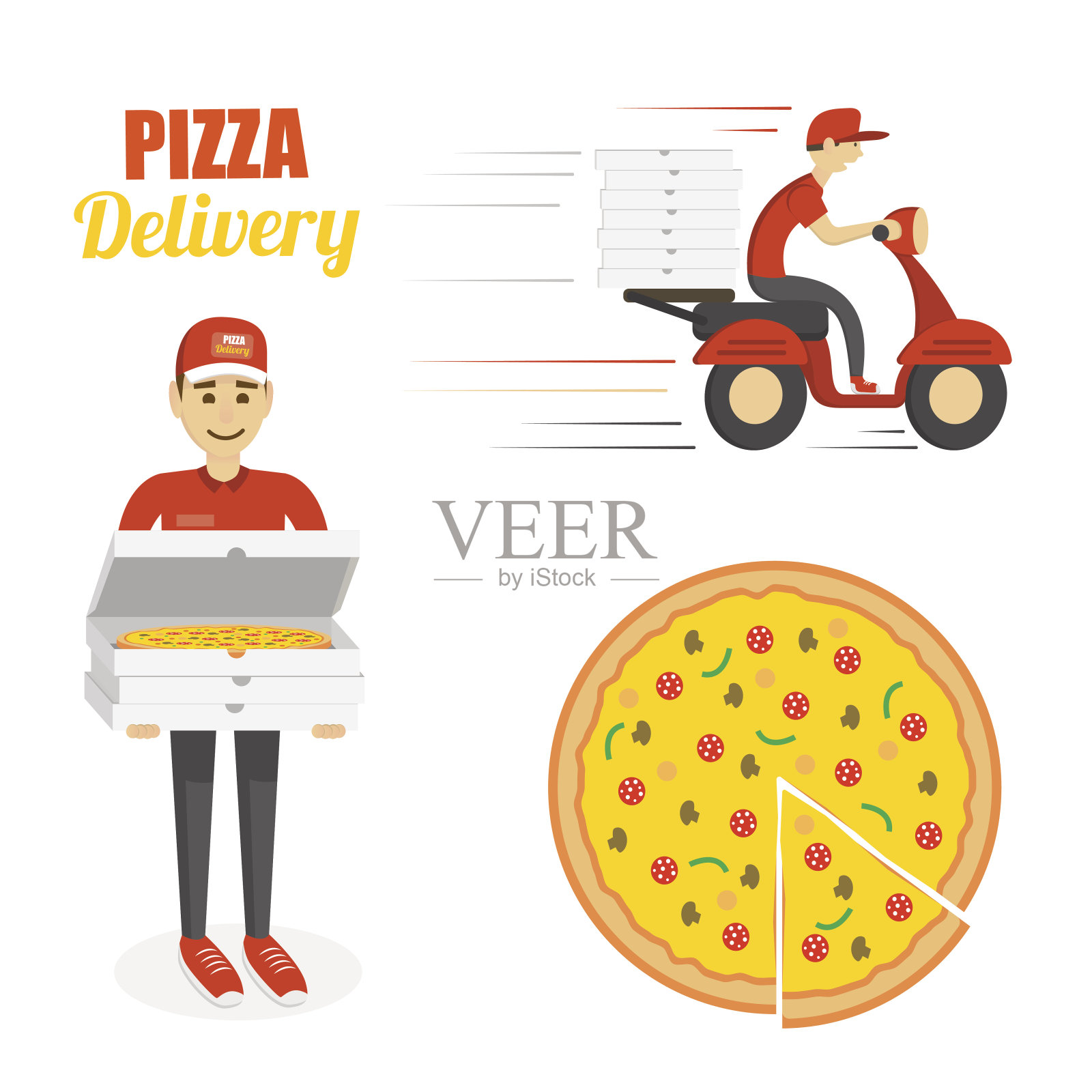 披萨，摩托车和送货员。快速交付的概念插画图片素材