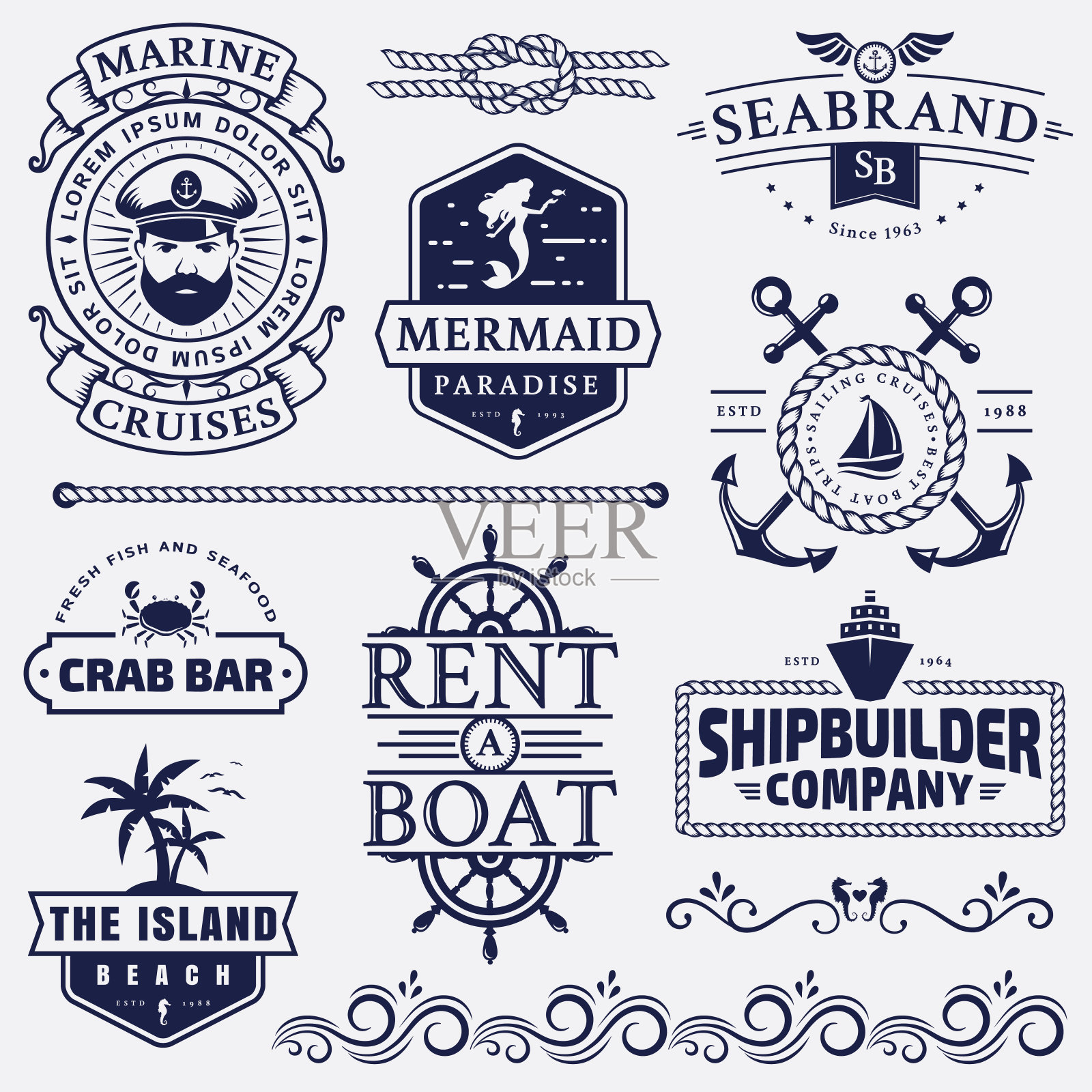 海洋和航海徽章和设计元素。插画图片素材