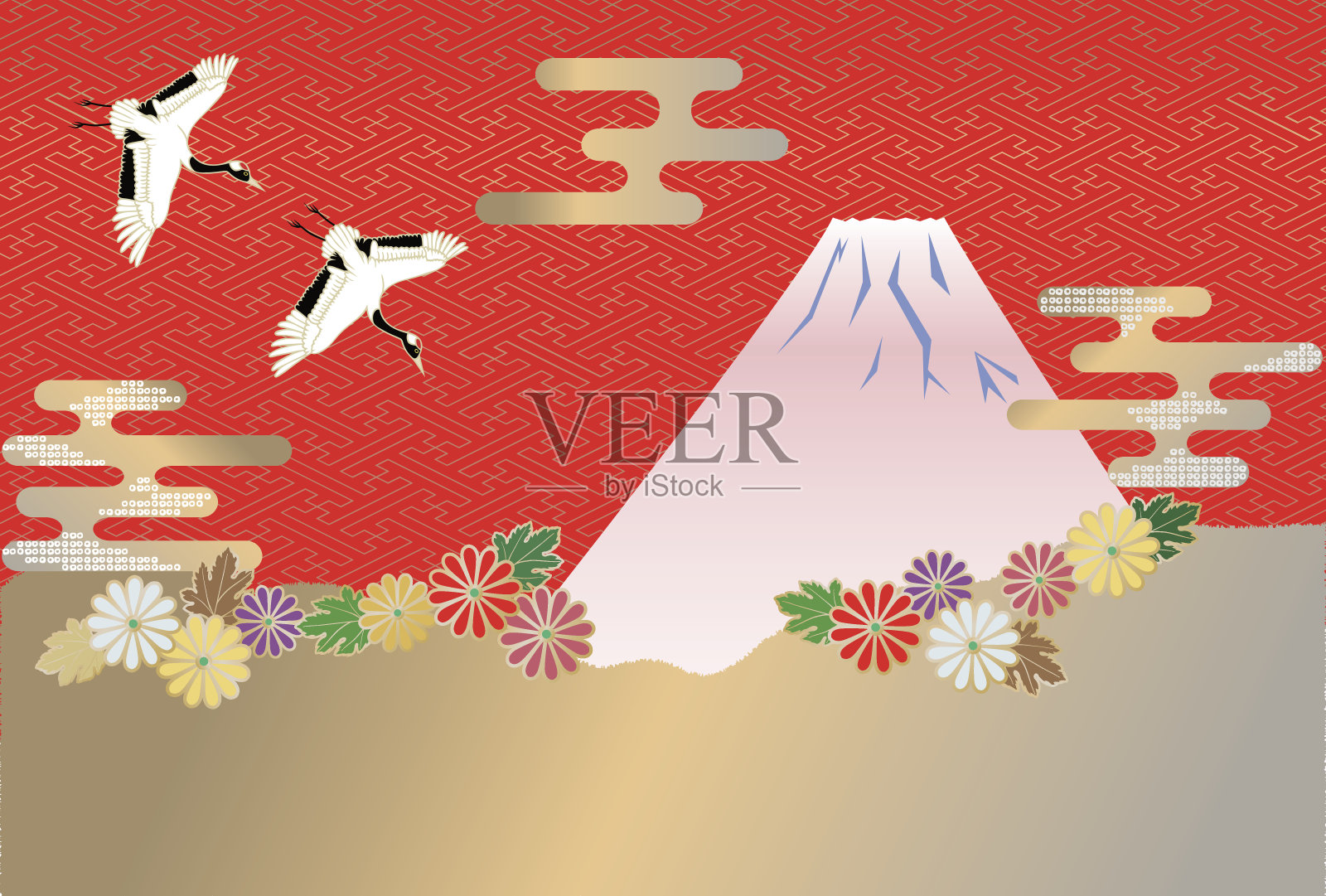 日本风格的富士山形象和菊花和日本图案。插画图片素材