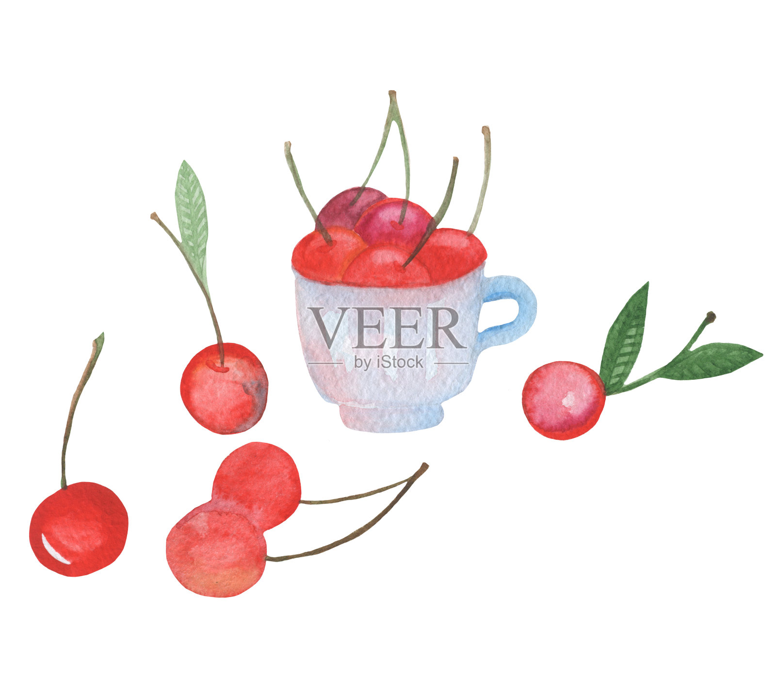 一套手绘水彩成熟樱桃与叶子在一个蓝色的杯子插画图片素材