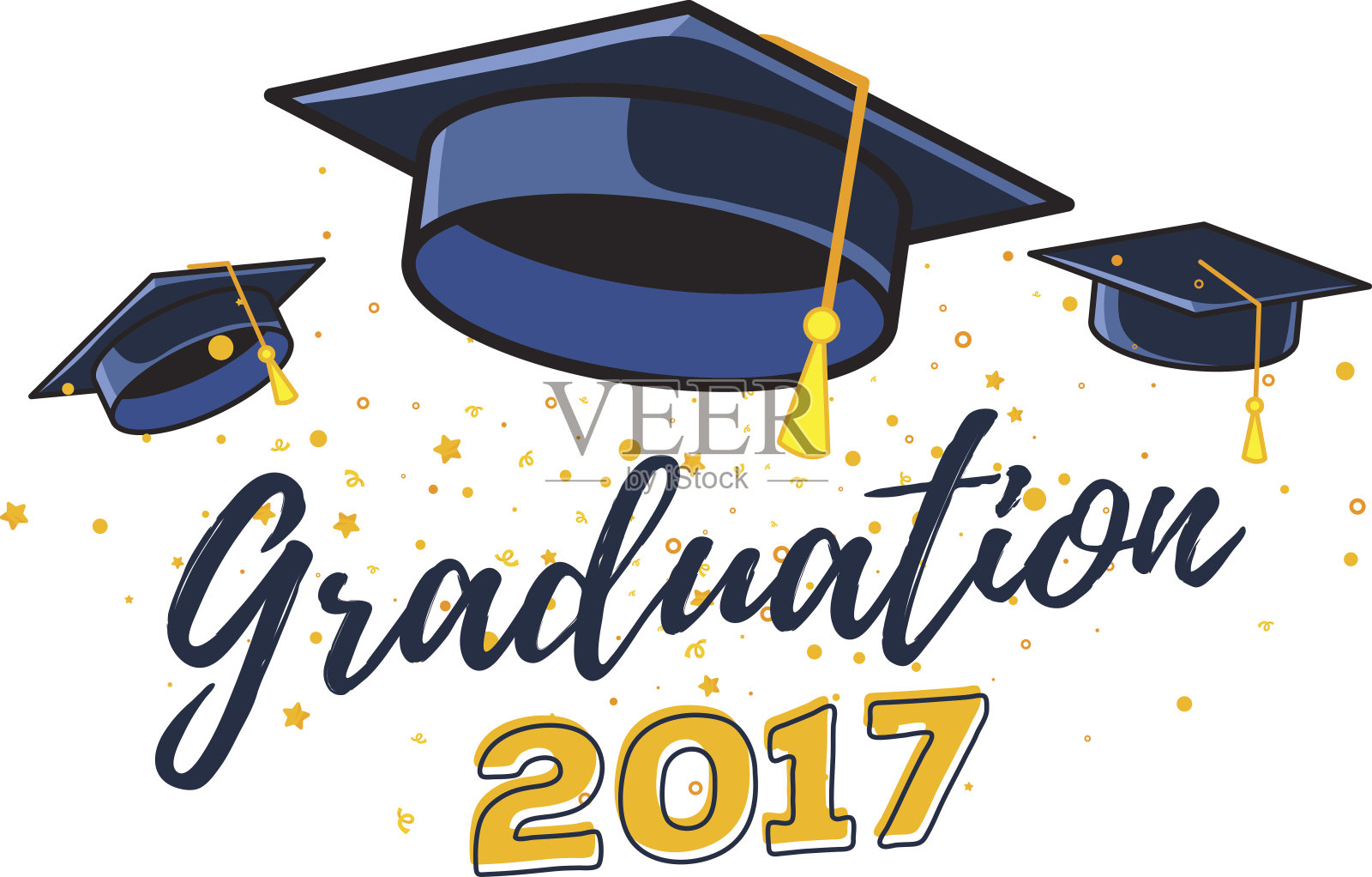 矢量插图的黑色毕业生帽与五彩纸屑在白色的背景。祝贺2017届毕业生。帽子飞了起来。插画图片素材