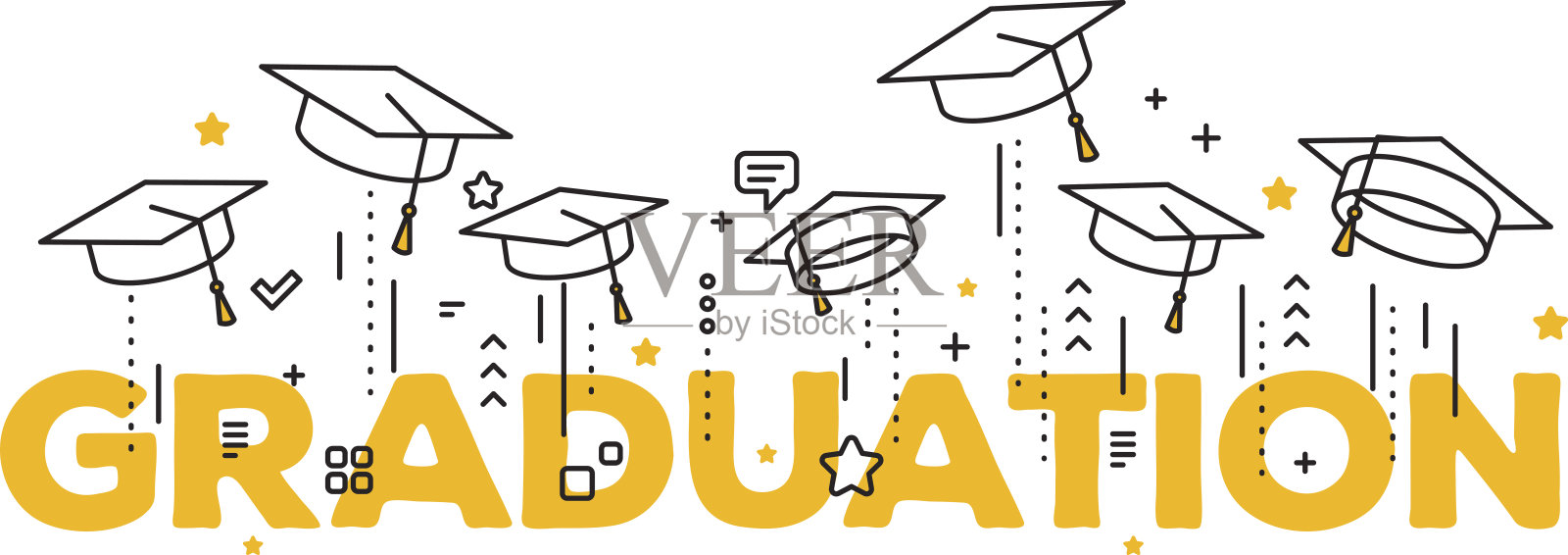 矢量插图字毕业与毕业生的帽子在白色的背景。帽子扔了。祝贺2017届毕业生。插画图片素材