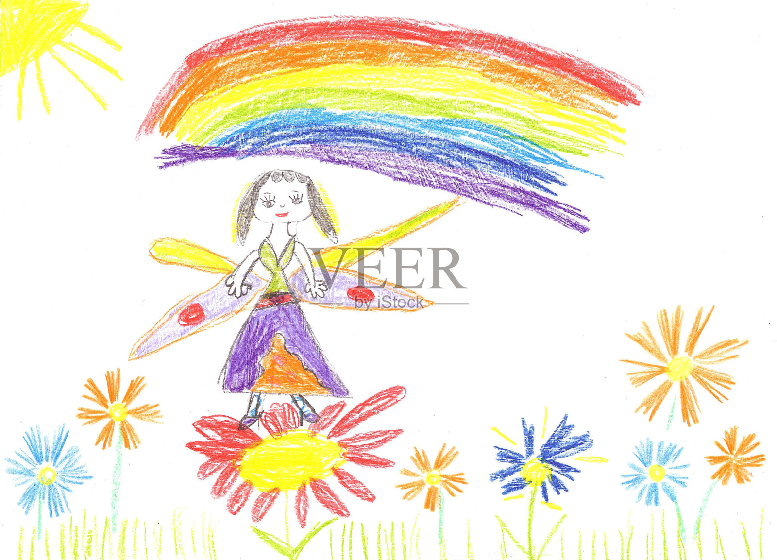 孩子画仙女在花上飞行插画图片素材