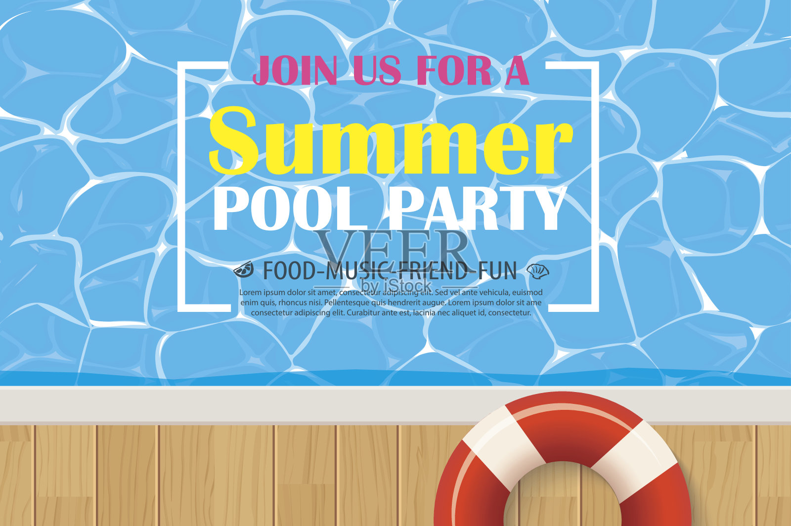 泳池派对邀请海报上有蓝色的水。向量夏天背景。设计模板素材