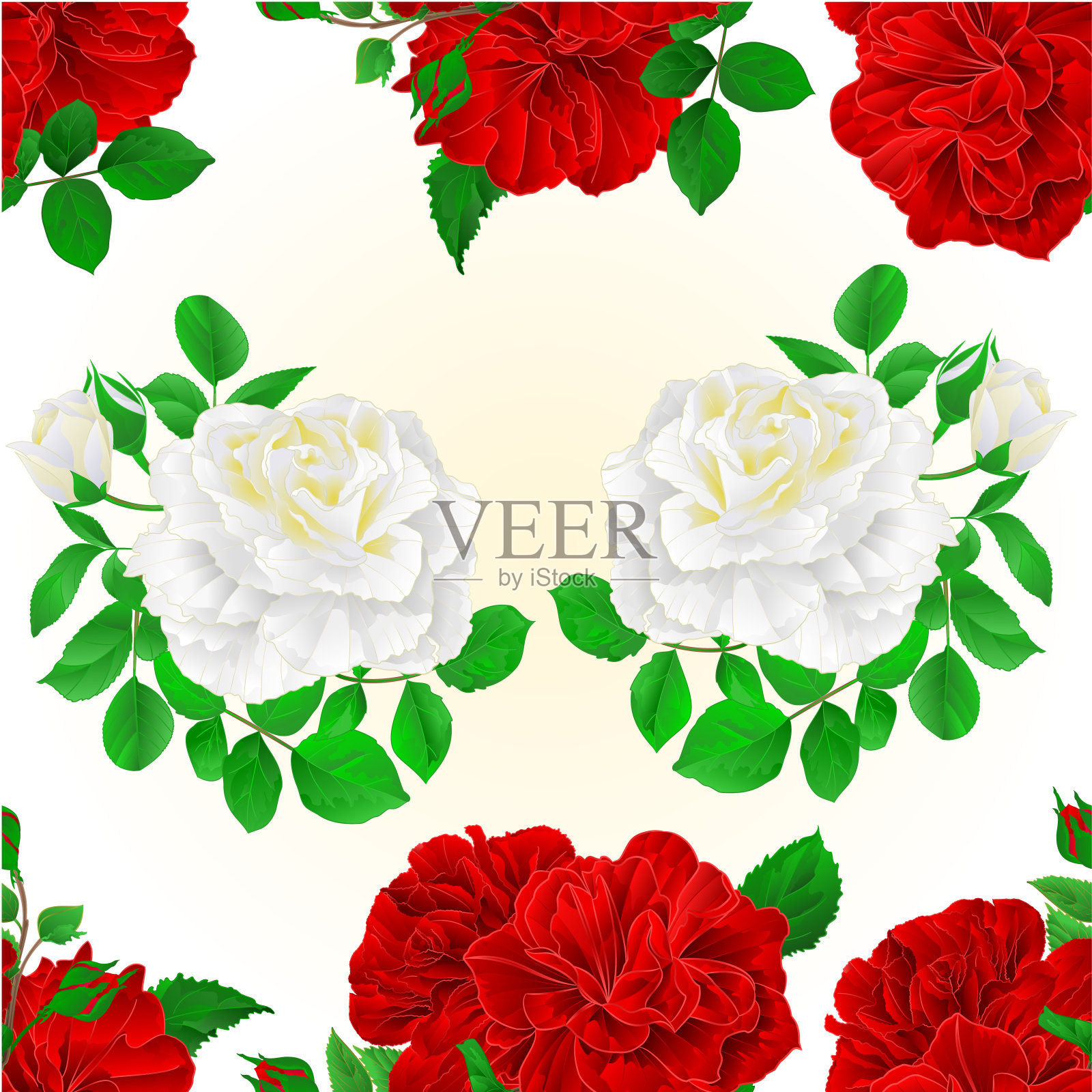 无缝纹理束三红和白玫瑰与花蕾复古可编辑的节日背景矢量插图插画图片素材