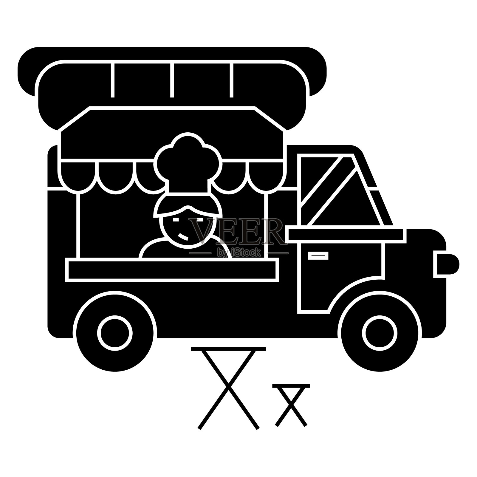 食品卡车-街道食品-移动厨房图标，矢量插图，黑色标志在孤立的背景插画图片素材
