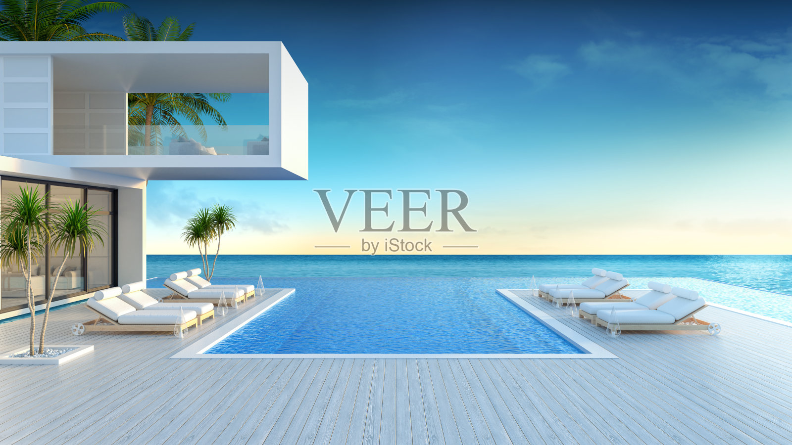 海滩休息室，日光浴甲板上的太阳休息室和私人游泳池与全景海景现代别墅/3d渲染照片摄影图片