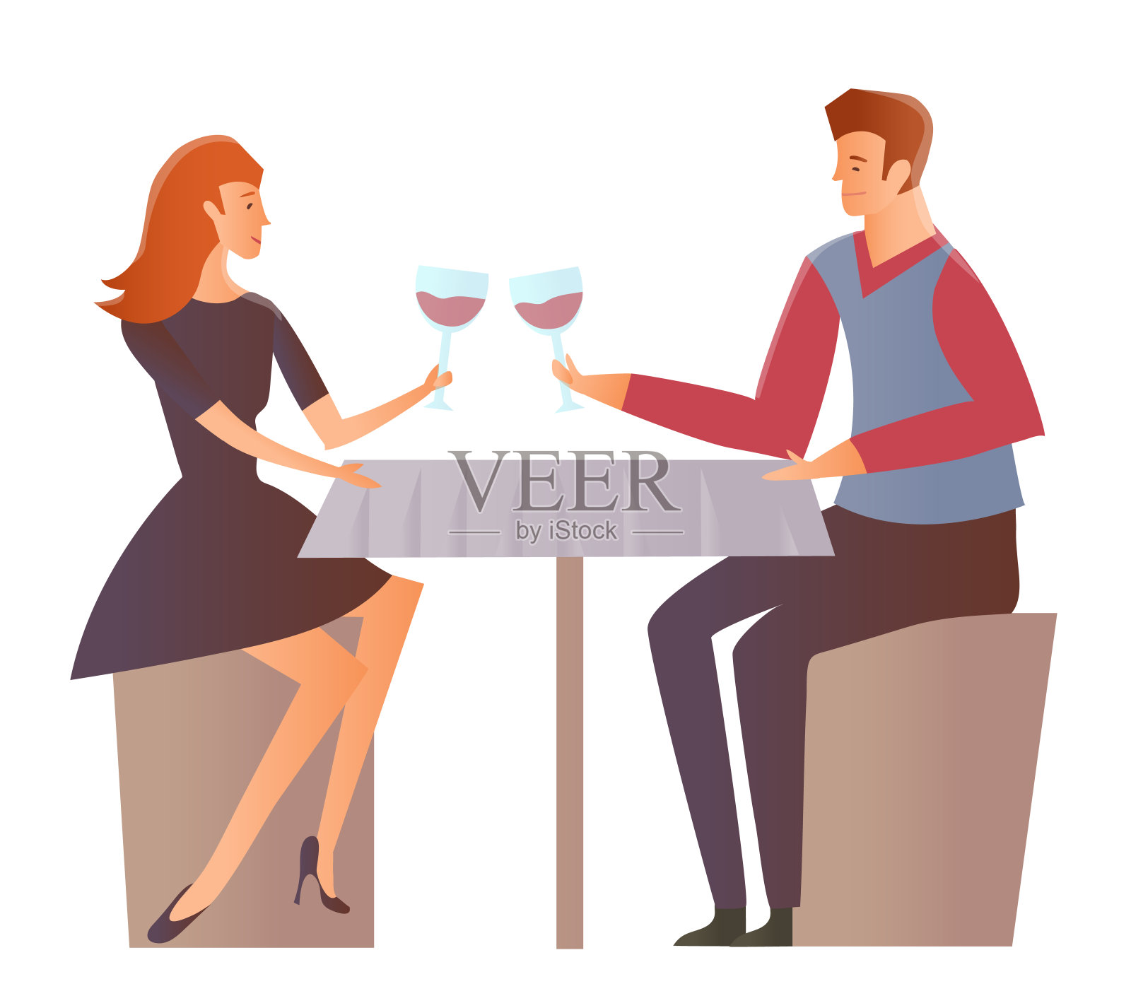 一对年轻情侣在餐厅约会。男人和女人在浪漫的晚餐上喝酒。矢量插图，孤立在白色背景。插画图片素材