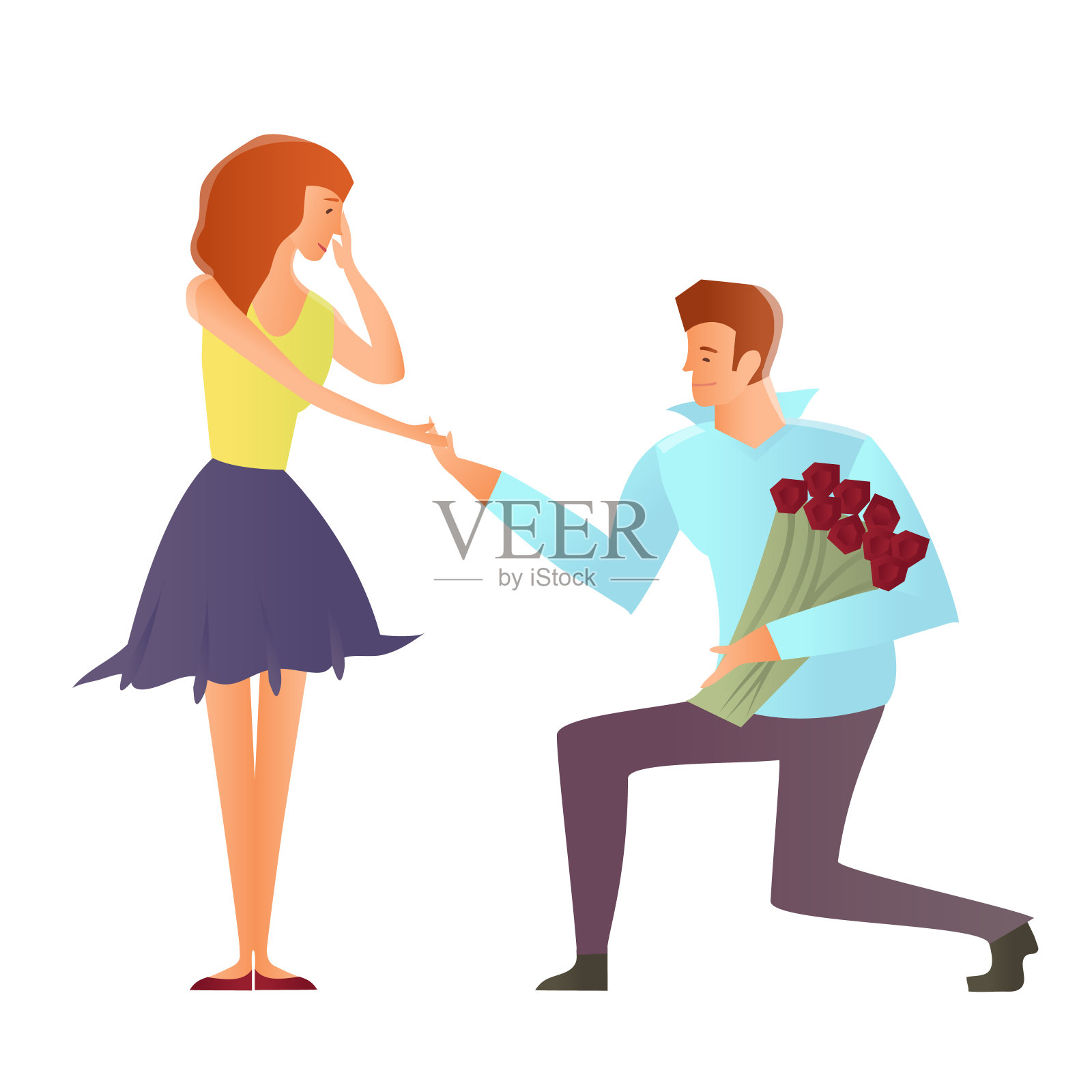 年轻情侣相爱。一个男人跪着向他的女朋友求婚。矢量插图，孤立在白色背景。插画图片素材