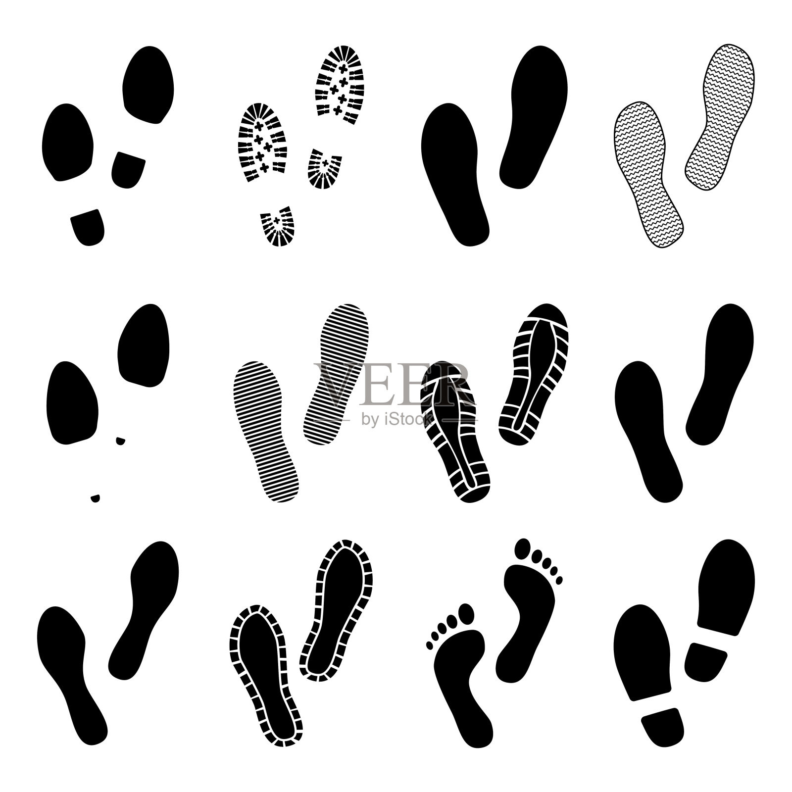 的脚步。脚印。鞋子和光脚印。鞋子痕迹。向量插画图片素材