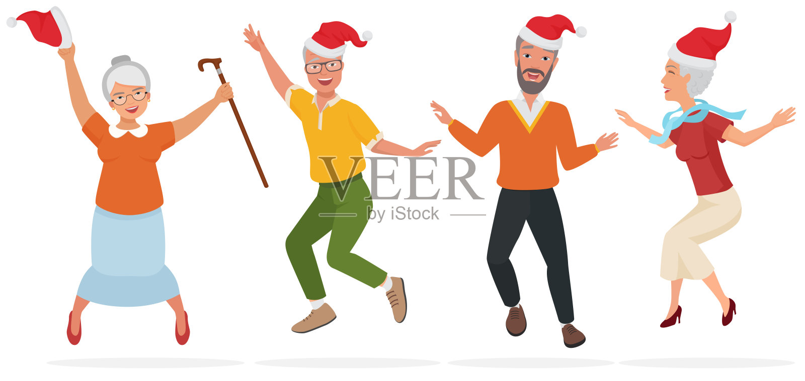 矢量插图的成年人在圣诞节帽子有乐趣，跳舞和跳跃。插画图片素材