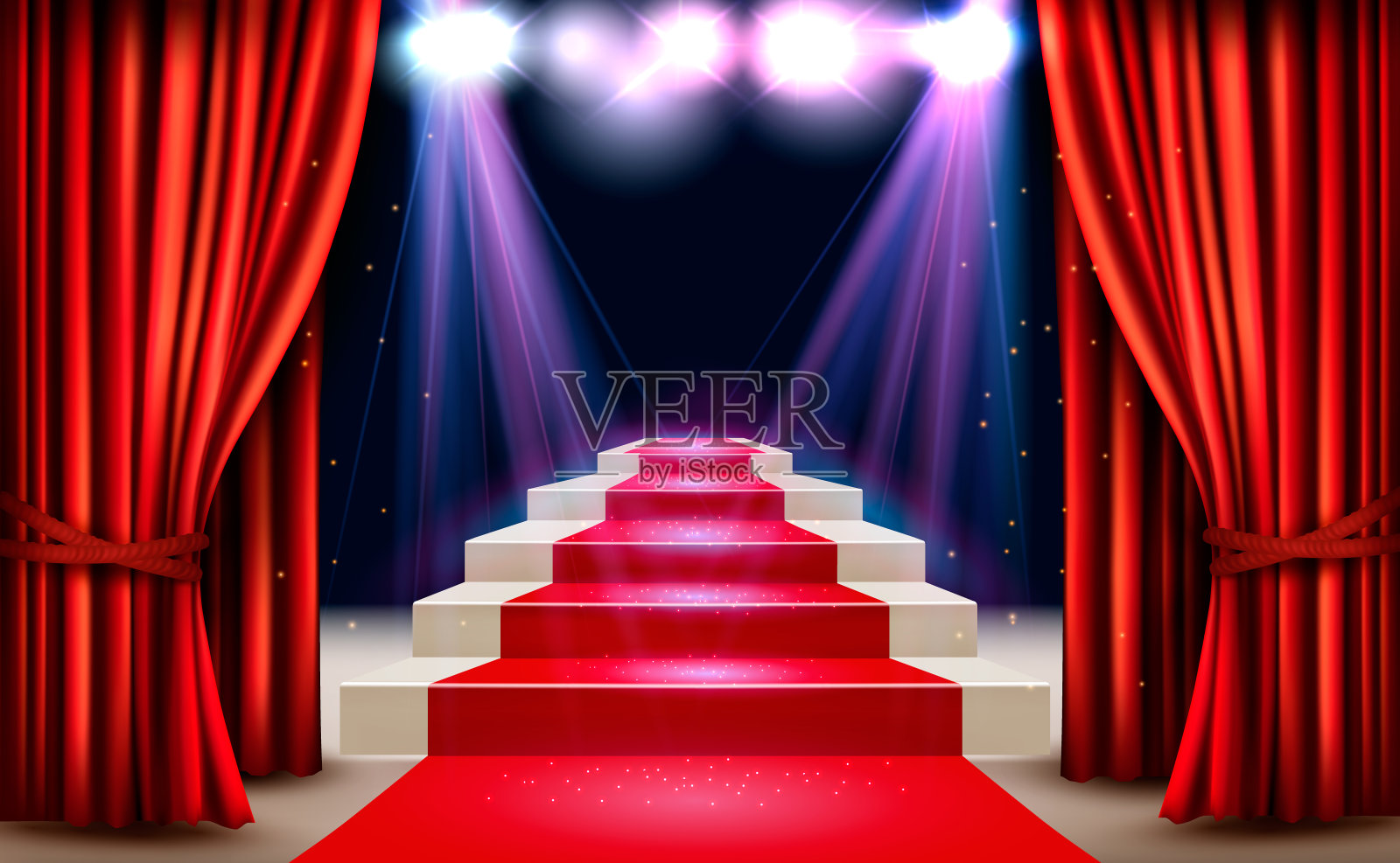展厅里铺着红地毯，通向挂着窗帘的讲台。向量插画图片素材