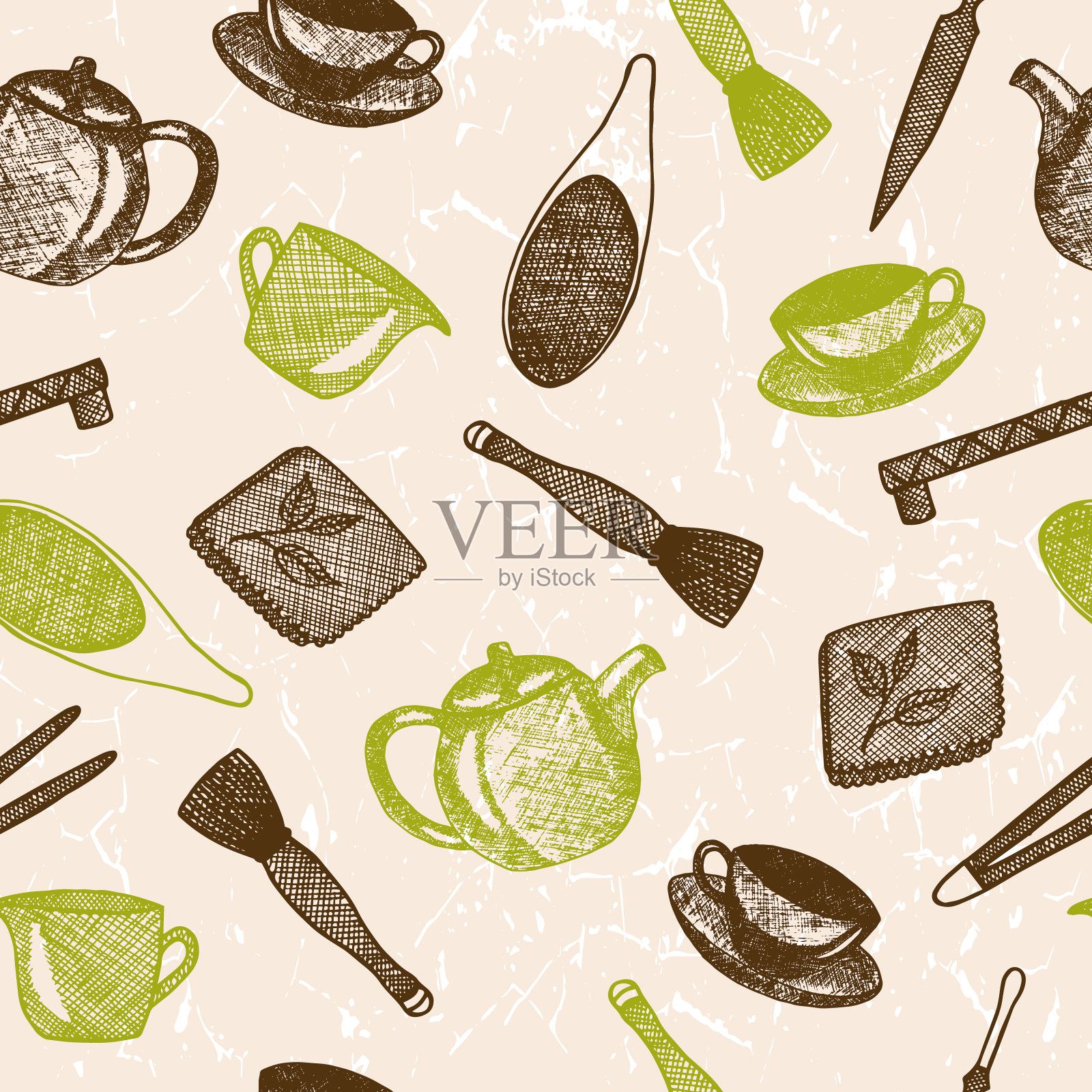 无缝图案与手绘亚洲茶文化对象。茶壶等茶道用具。插画图片素材