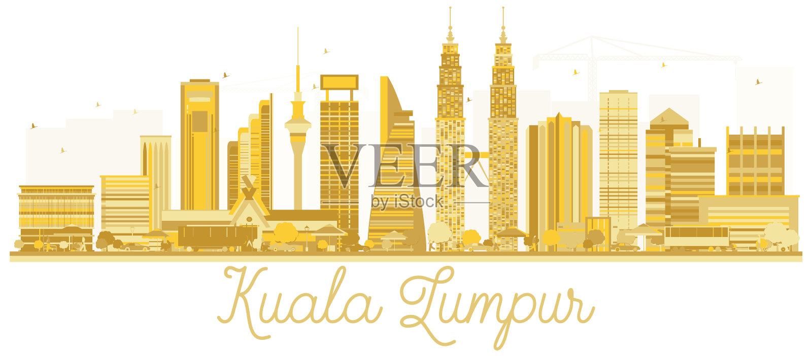 吉隆坡市天际线的金色轮廓。插画图片素材