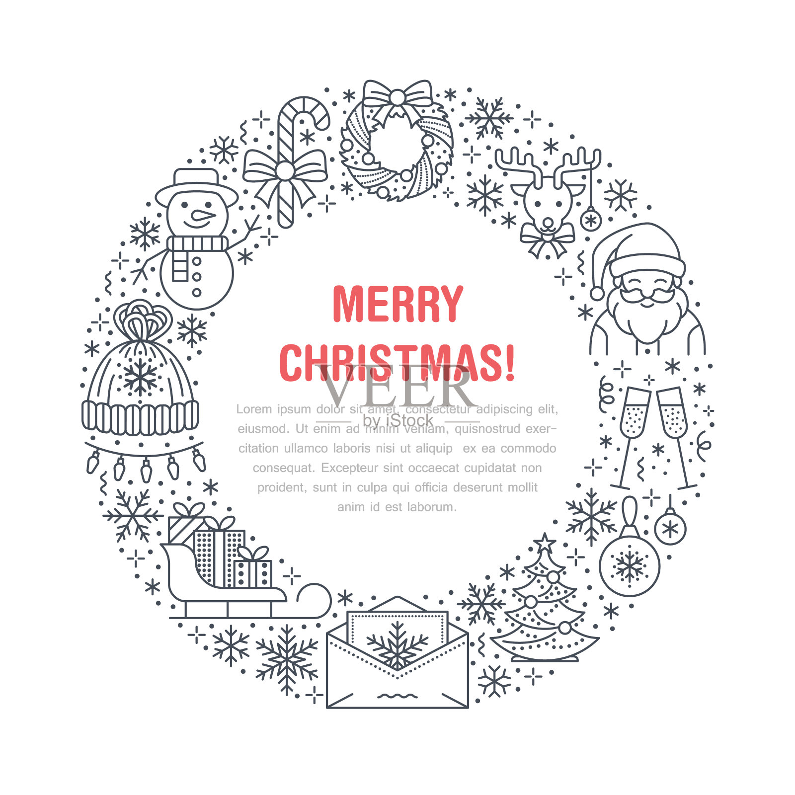 圣诞新年横幅插图。矢量线图标寒假圣诞树，礼物，圣诞老人，给圣诞老人的信，礼物，花环。庆祝派对圆模板与地方的文本设计模板素材