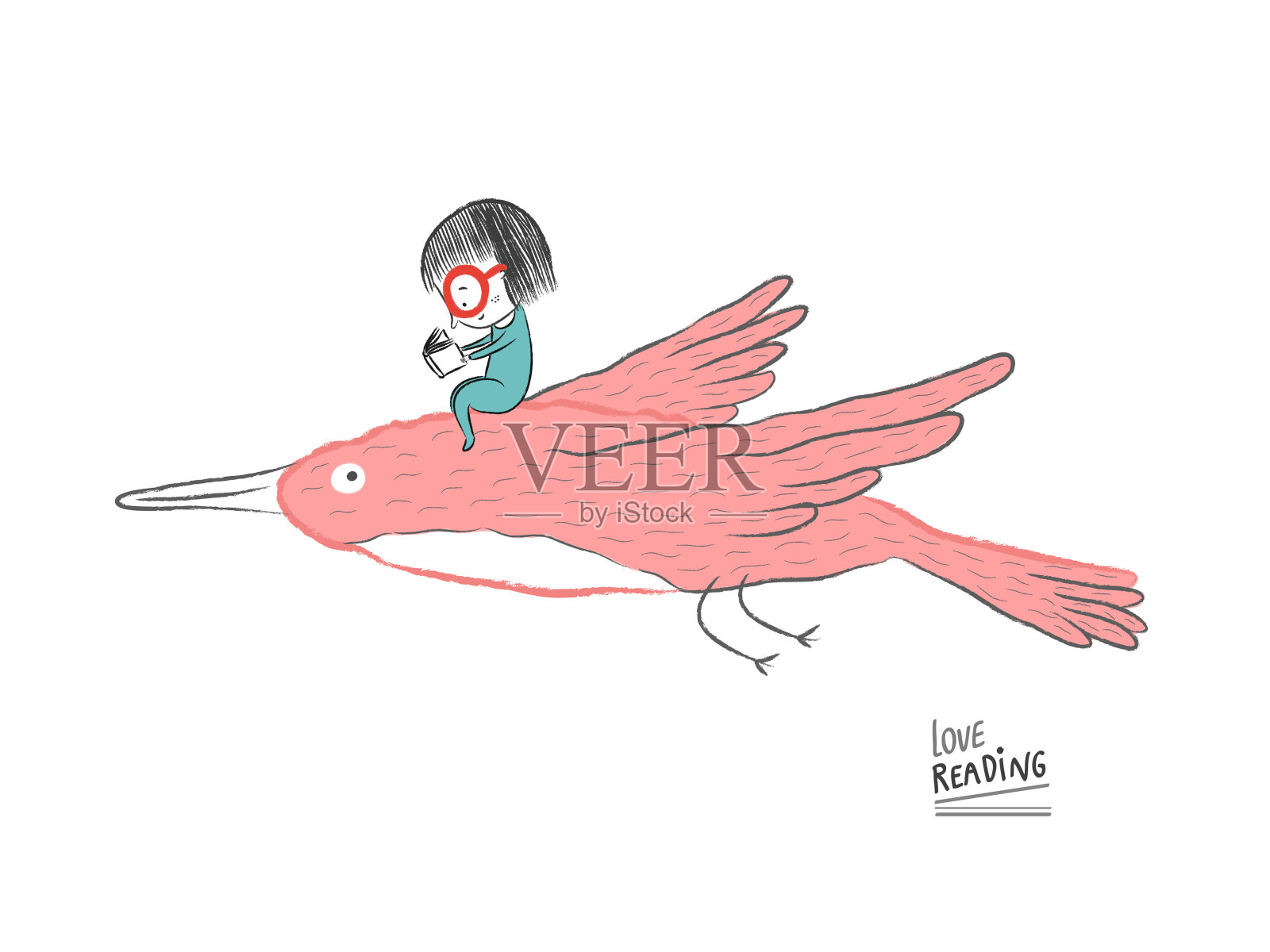 小女孩在一只大鸟上看书，矢量插图设计元素图片