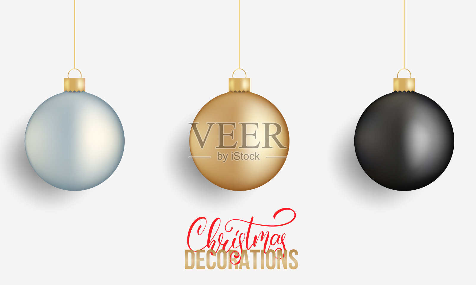 圣诞球。现实圣诞球的黄金，银色和黑色金属颜色。寒假设计元素插画图片素材