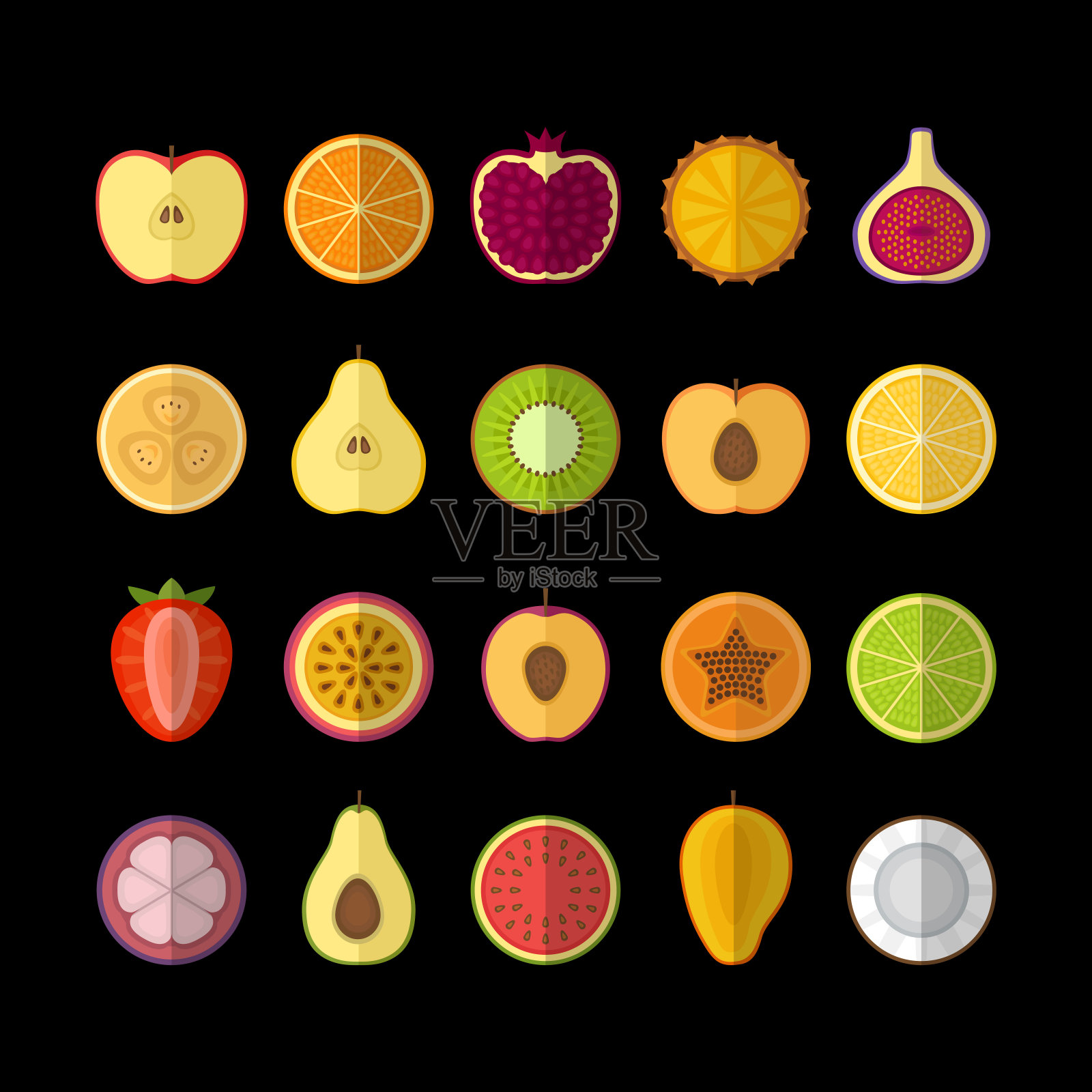 水果和浆果图标集。平面风格，矢量插图。插画图片素材