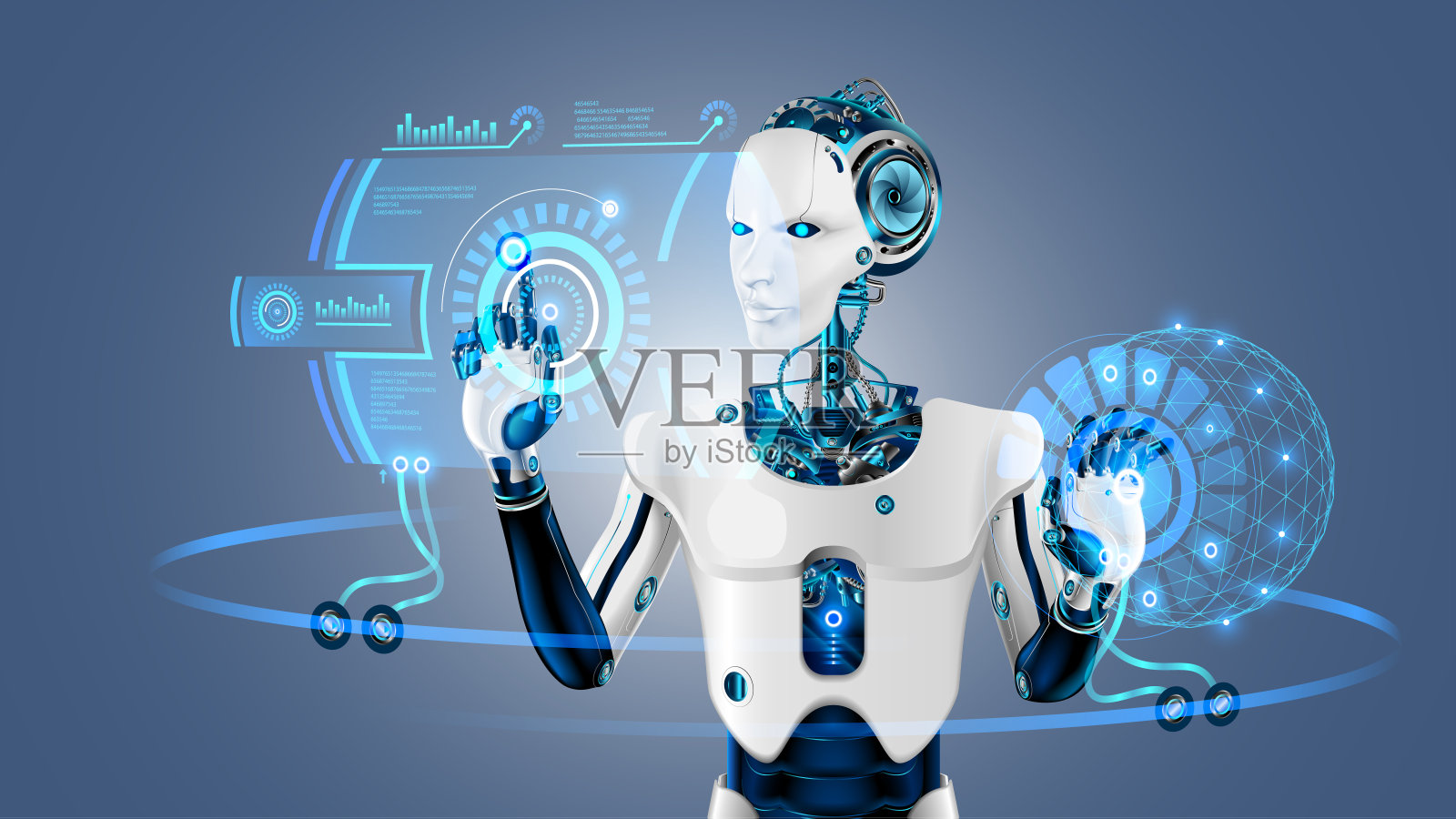 在增强现实中，机器人控制有机体与虚拟HUD界面一起工作。一个塑料脸的人形机器人按下了数字屏幕上的按钮。未来的概念。插画图片素材