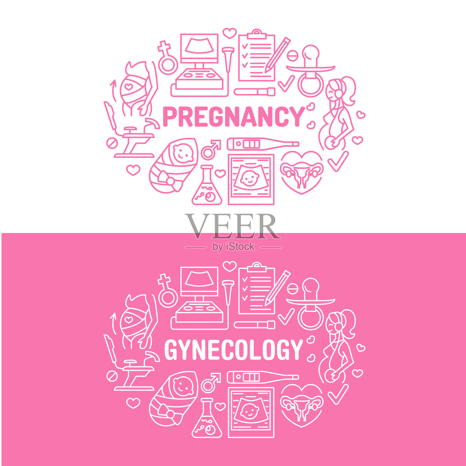 医学、妇科横幅插图。产科，妊娠向量线图标-研究，体外受精，超声。医疗宣传册，海报设计插画图片素材