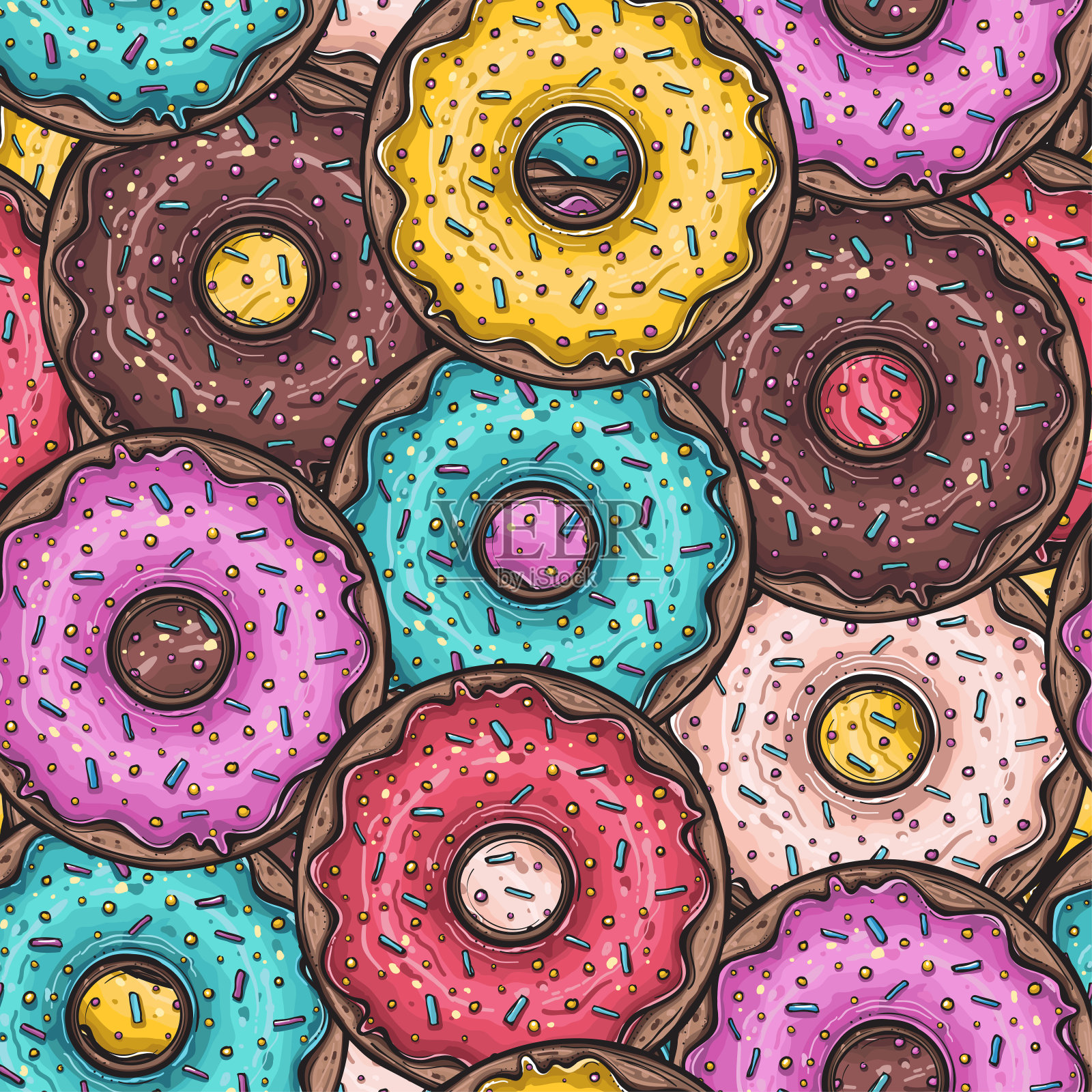 无缝模式与彩色甜甜圈，矢量插图插画图片素材