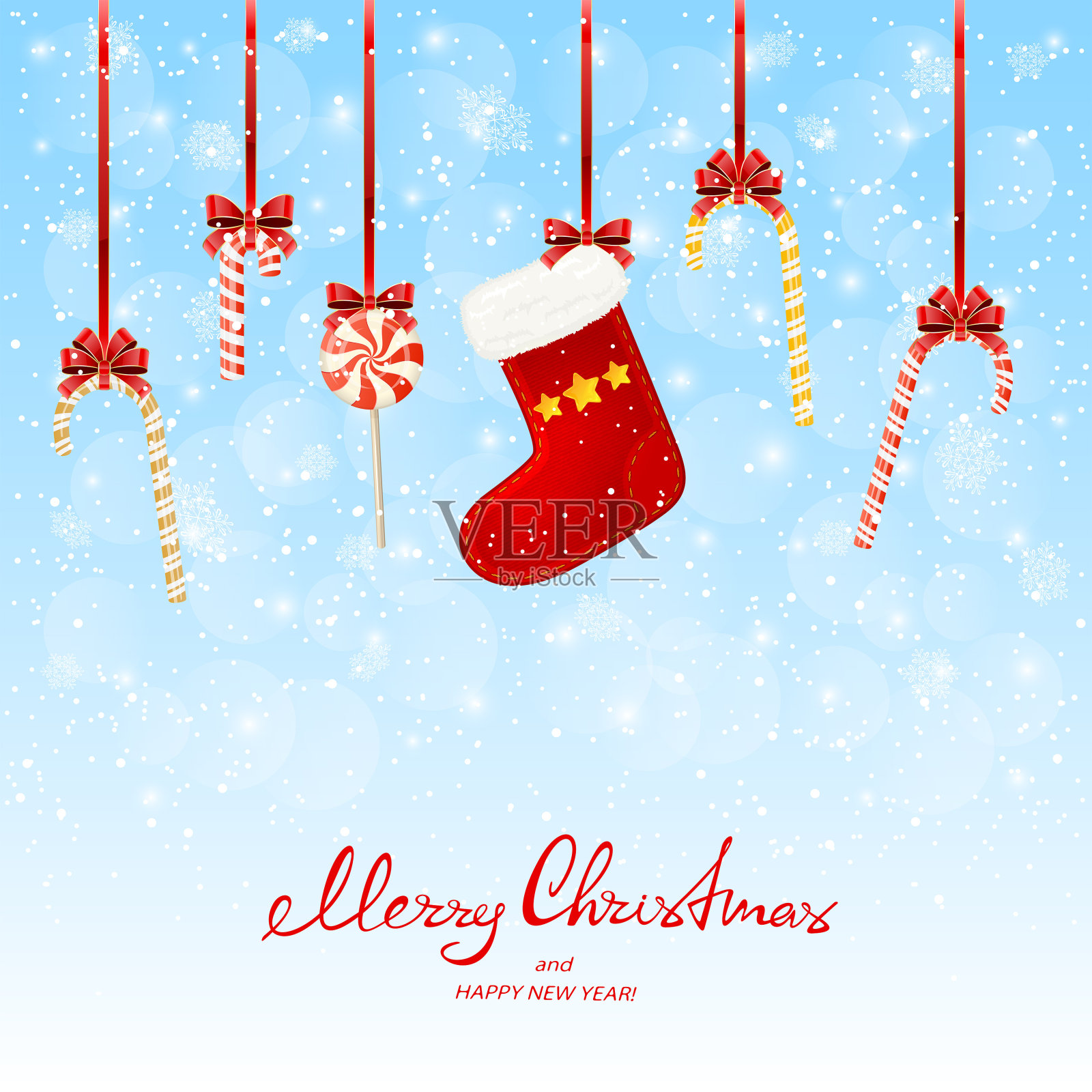 用棒棒糖和圣诞袜装饰的节日装饰在下雪的背景上插画图片素材