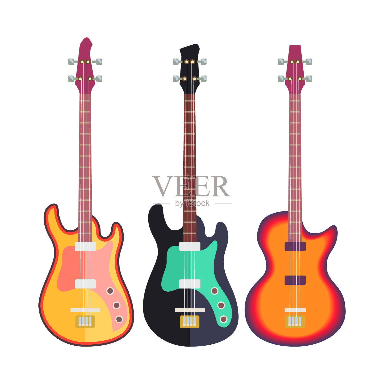 三把电吉他平面设计孤立在白色背景上。向量设计元素图片