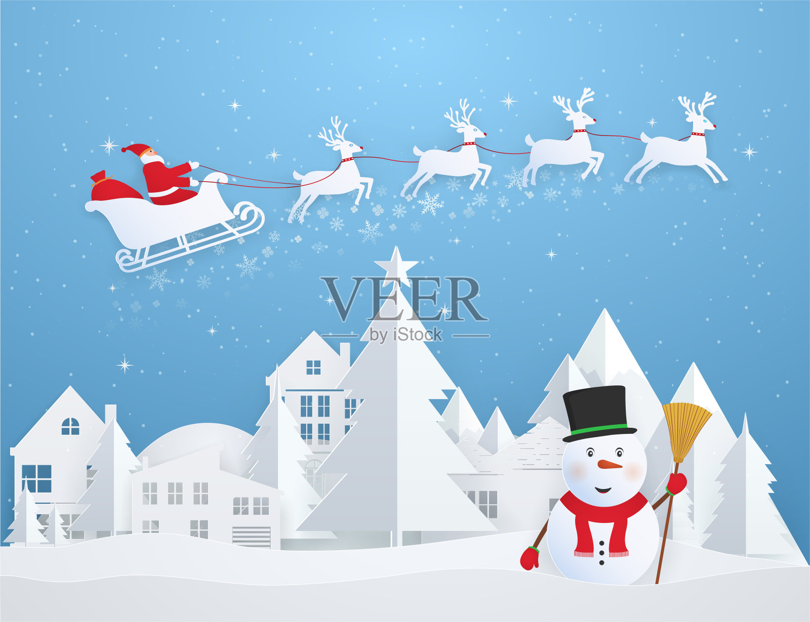 圣诞贺卡上有圣诞老人和雪人飞过城市。新年快乐，圣诞快乐，蓝色冬天的雪景在纸风格。插画图片素材