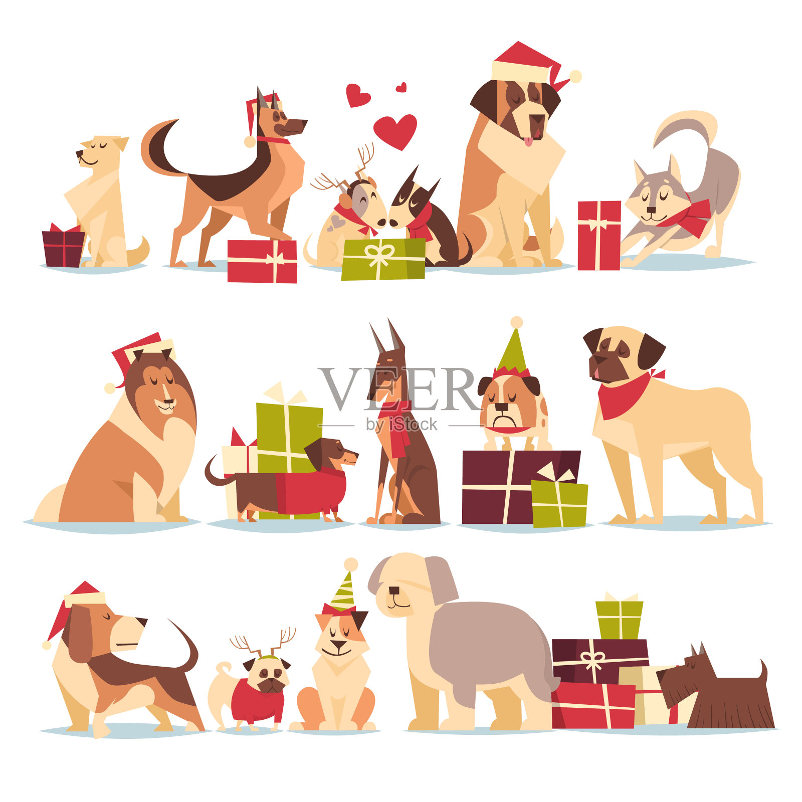 一群可爱的狗在圣诞帽象征2018年新年和圣诞假期孤立在白色背景插画图片素材